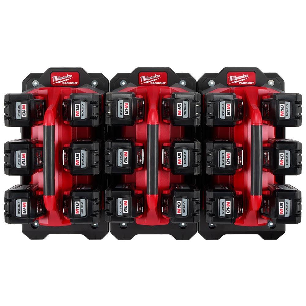 Milwaukee M18 18V Lithium-Ion PACKOUT 6-Port Rapid Charger (3) w/(3) Mounting Plates & (18) 12.0 Ah Batteries