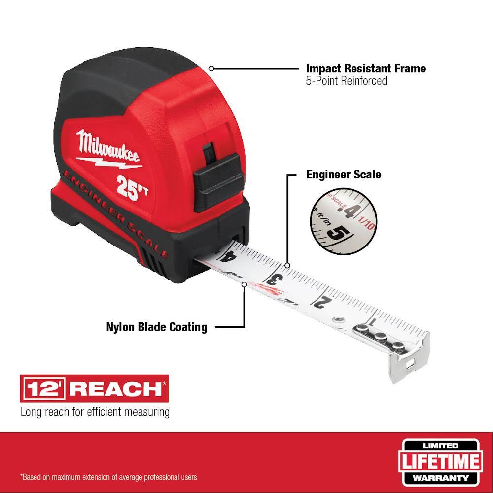 Milwaukee 48-22-6625E 25' Compact Tape Measure w/ Engineer Scale
