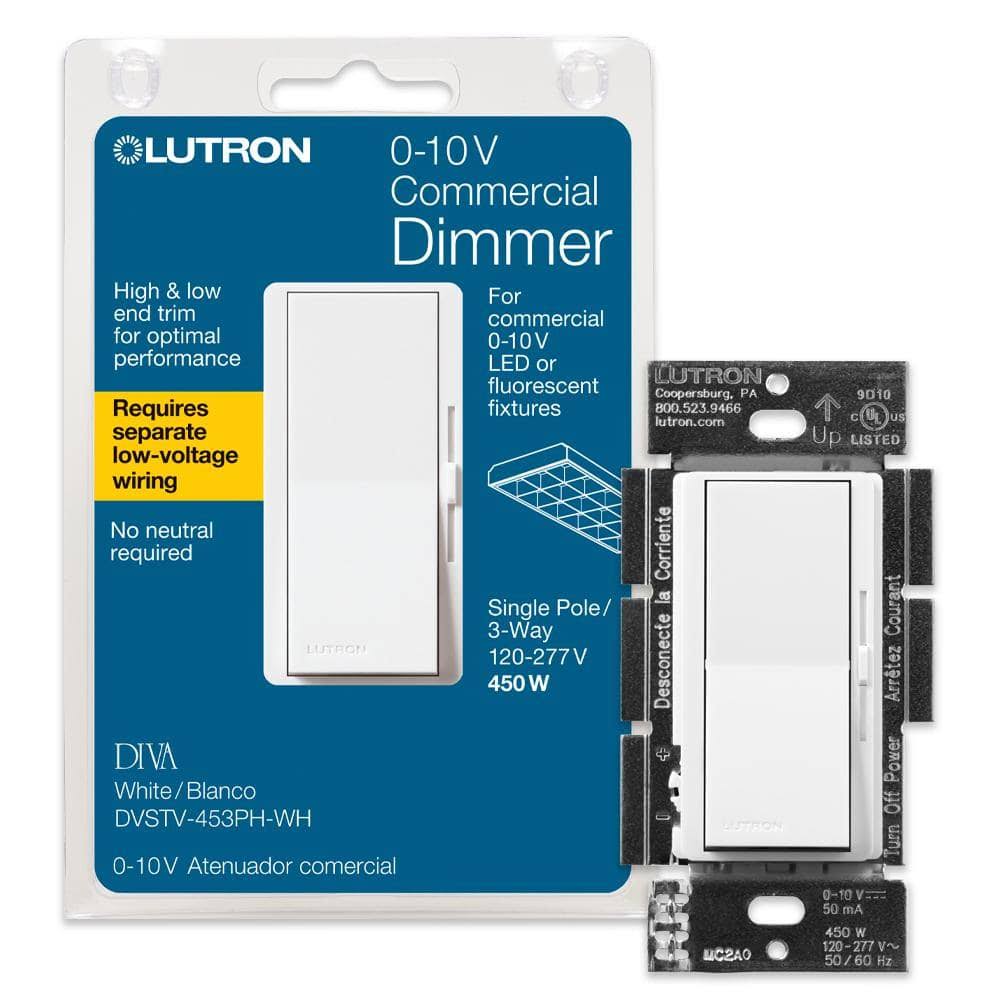 Lutron Diva Dimmer for 0-10V LED/Fluorescent Fixtures, Single-Pole or 3-Way, White DVSTV-453PH-WH