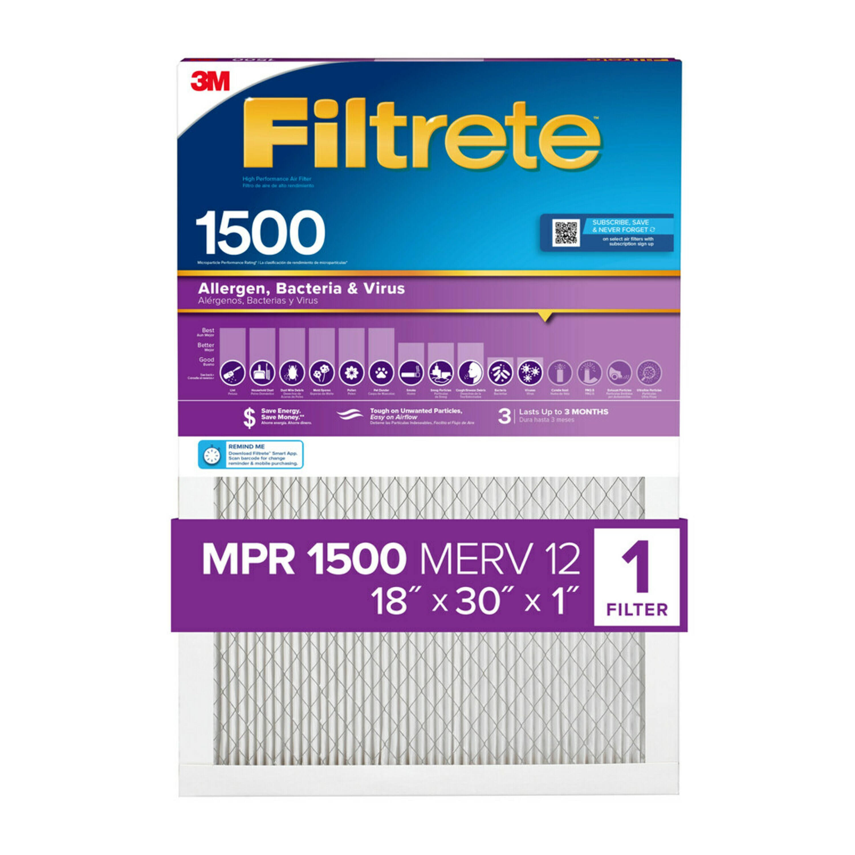 Filtrete 18-in W x 30-in L x 1-in MERV 12 1500 MPR Allergen, Bacteria and Virus Electrostatic Pleated Air Filter | 2028DC-9