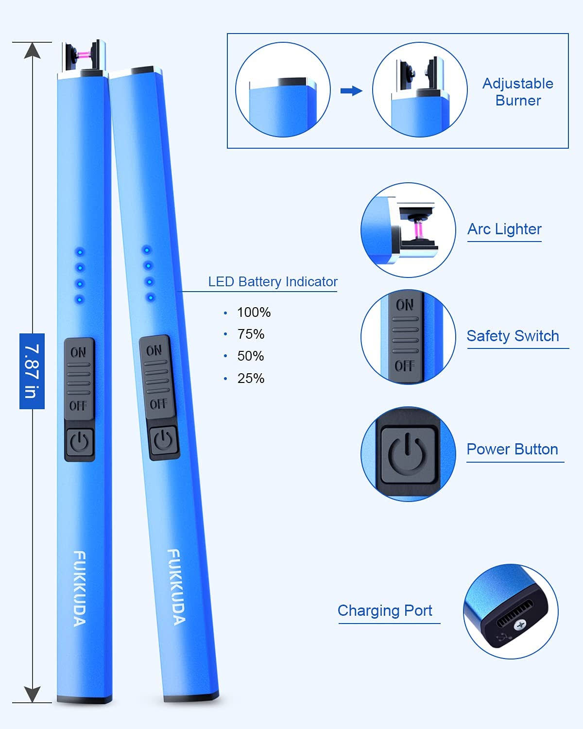 Electric Candle Lighter Plasma Arc Lighters Windproof & Flameless with USB Rechargeable Battery Double Safety Switch (Sapphire Blue)
