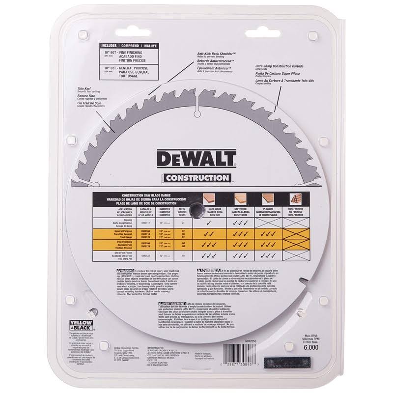 DeWalt DW3106P5 60-Tooth Crosscutting and 32-Tooth General Purpose 10-Inch Saw Blade Combo Pack