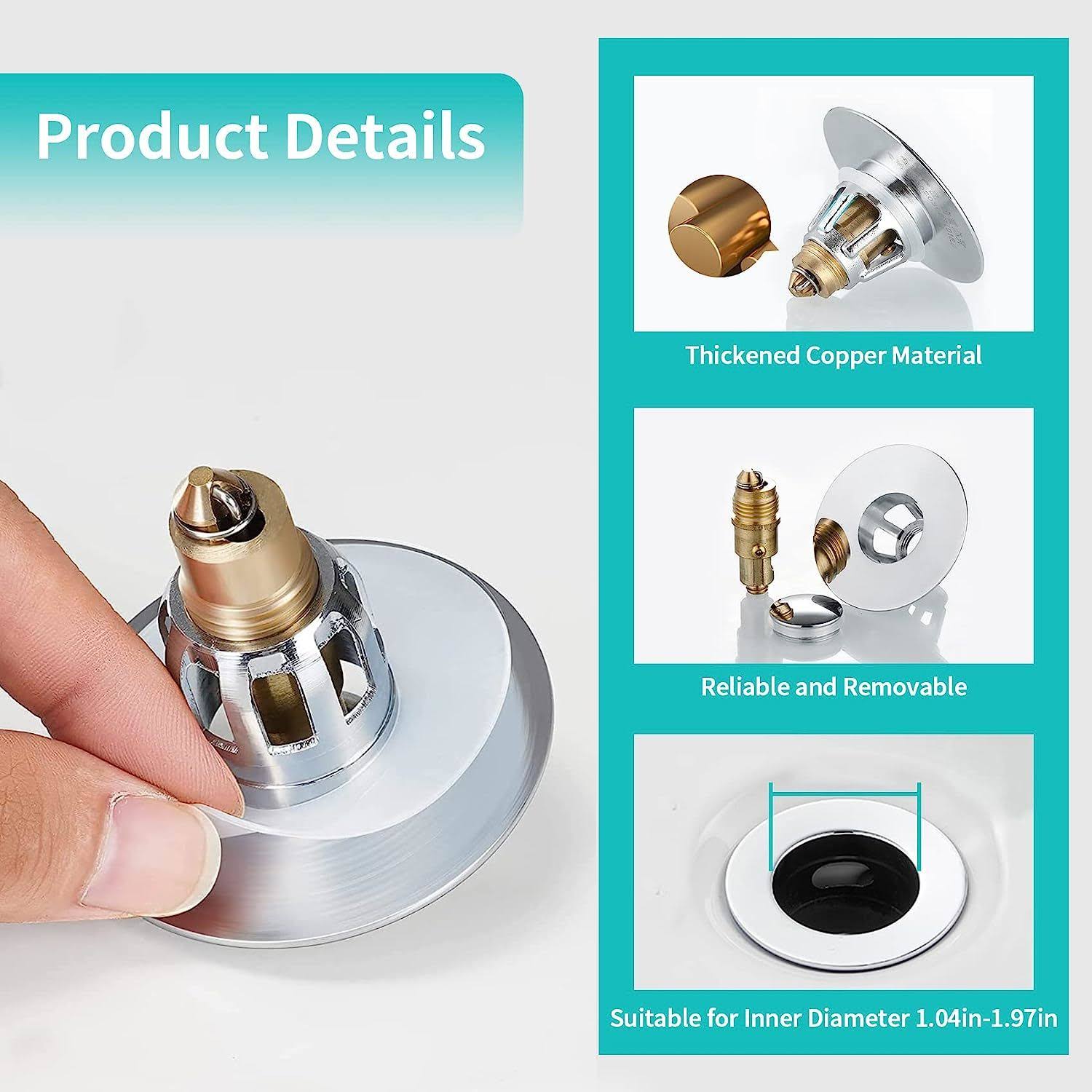 Universal Bathroom Sink Stopper with Hair Catcher, for 1.04-1.97 inch Drain