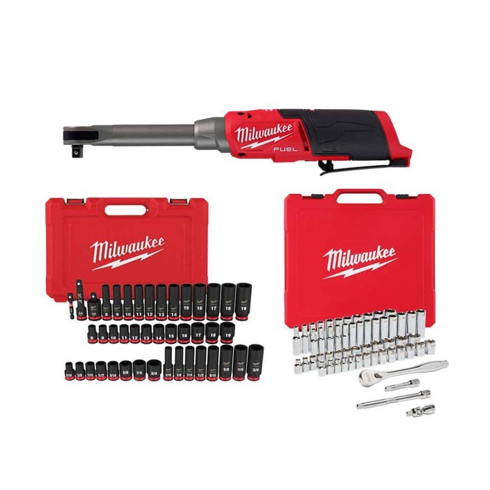 Milwaukee M12 Fuel 12-Volt Lithium-Ion 3/8 in. Extended Reach Cordless Ratchet with Mechanics and Impact Sockets (100-Piece)
