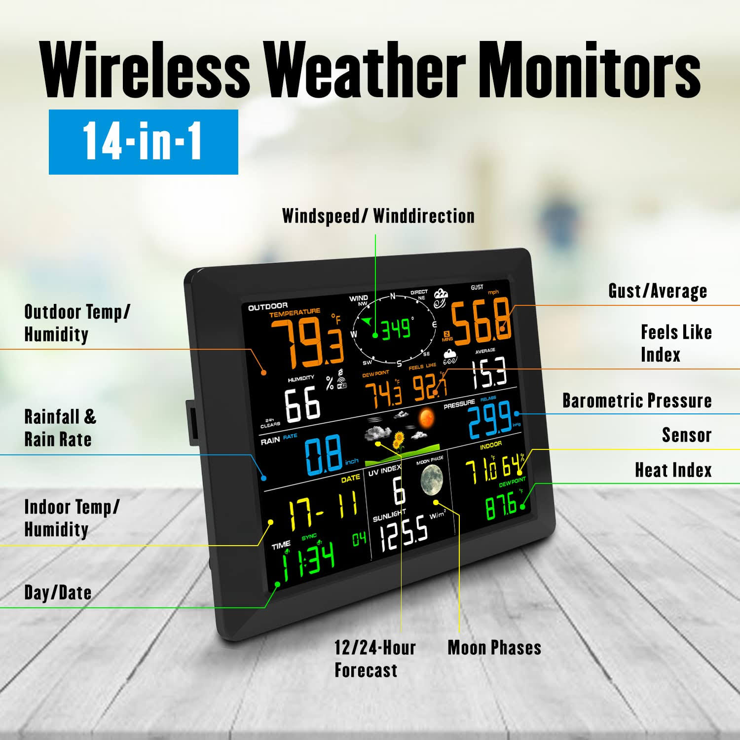 Sainlogic WiFi Weather Station, 10.2 inch Large Display Wireless Weather Station, Weather Station Wireless Indoor Outdoor with Rain Gauge and Wind