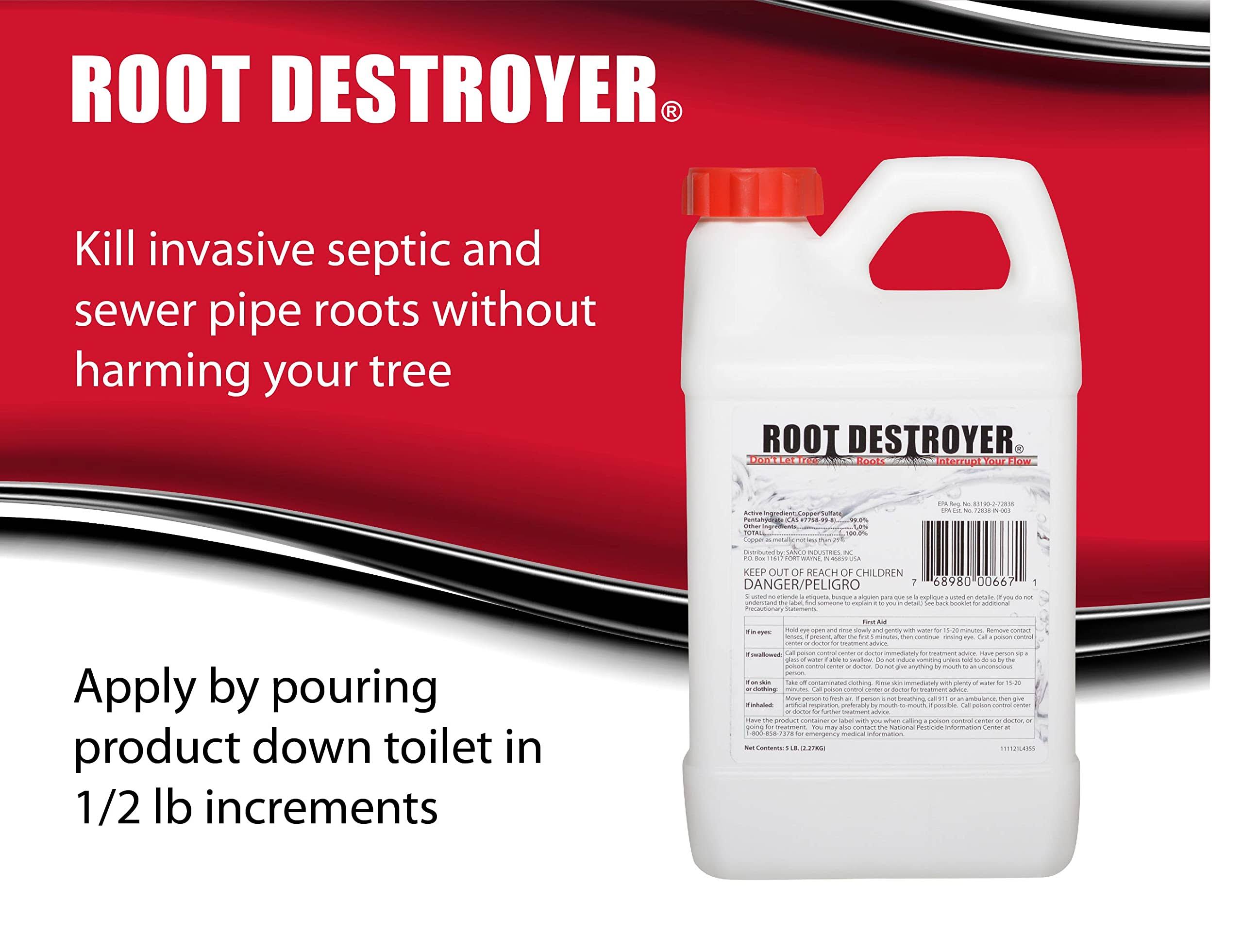 Root Destroyer- 5lbs- Root Killer for Sewer, Pipe & Drain Lines, Septic Tanks and Septic Systems- Stops New Growth & Safe for All Plumbing- Pure
