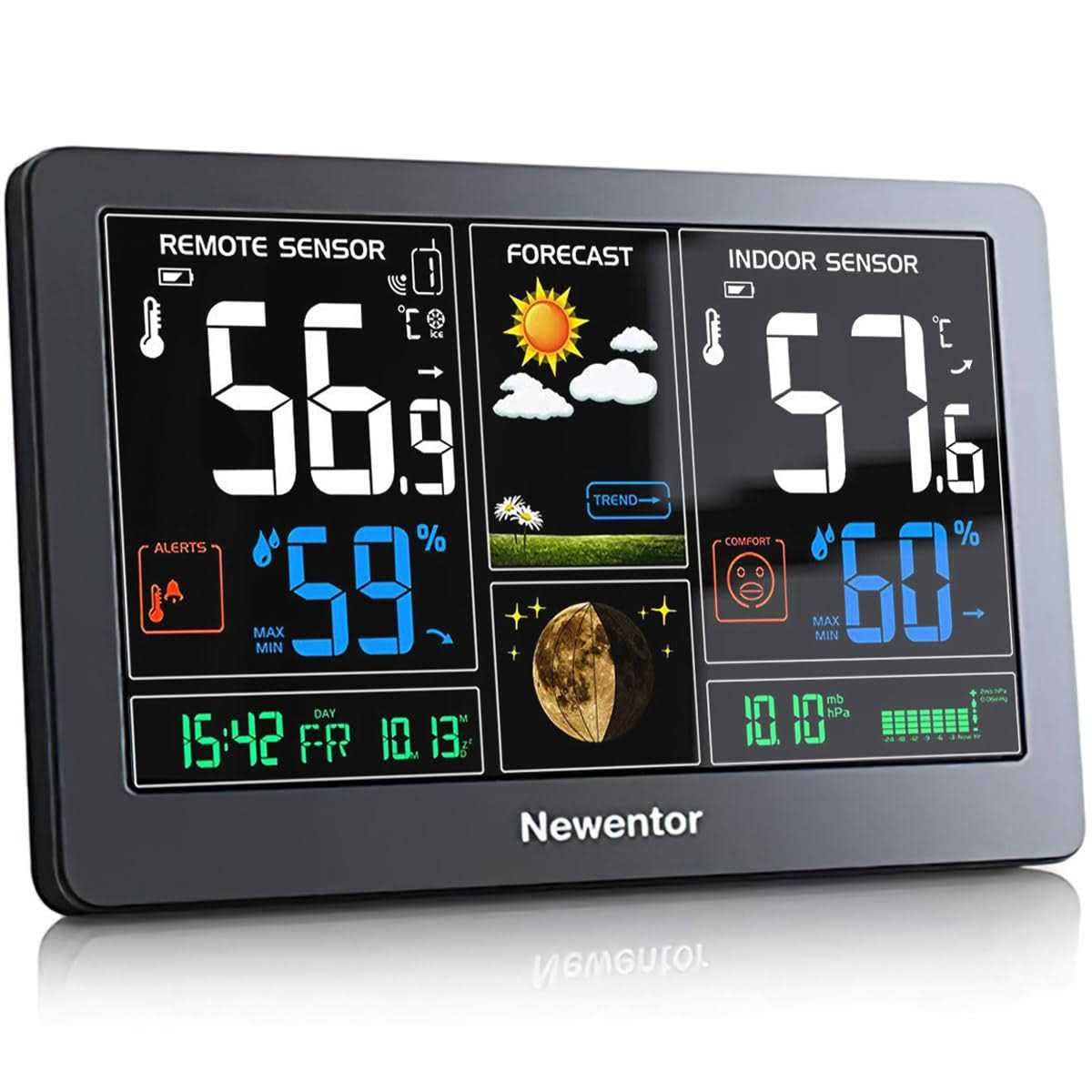 Newentor Weather Station Wireless Indoor Outdoor Thermometer , Color Display Digital Weather Thermometer with Atomic Clock