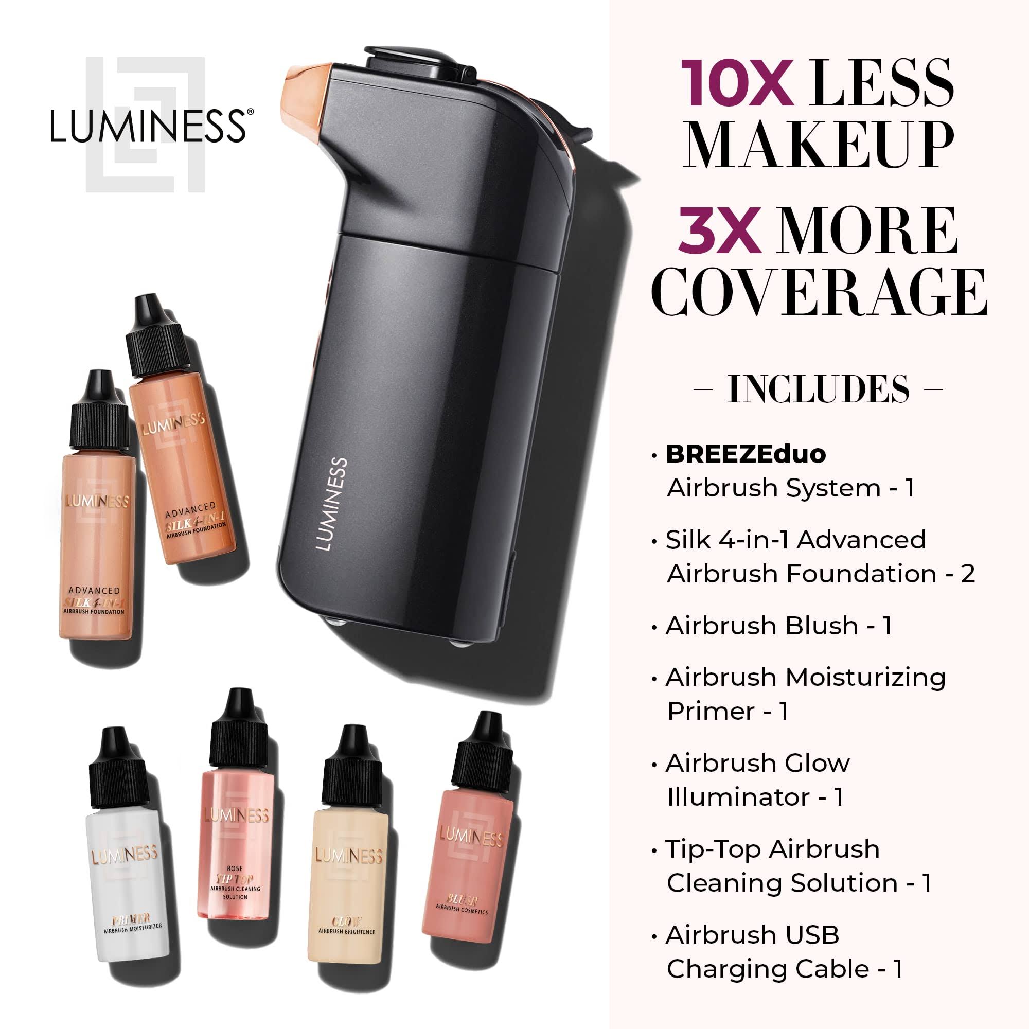 Luminess Breeze Duo Airbrush Makeup System, Warm Coverage- 9-Piece Kit Includes 2x Silk Airbrush Foundation, Soft Rose Blush, Glow Highlighter, Moist