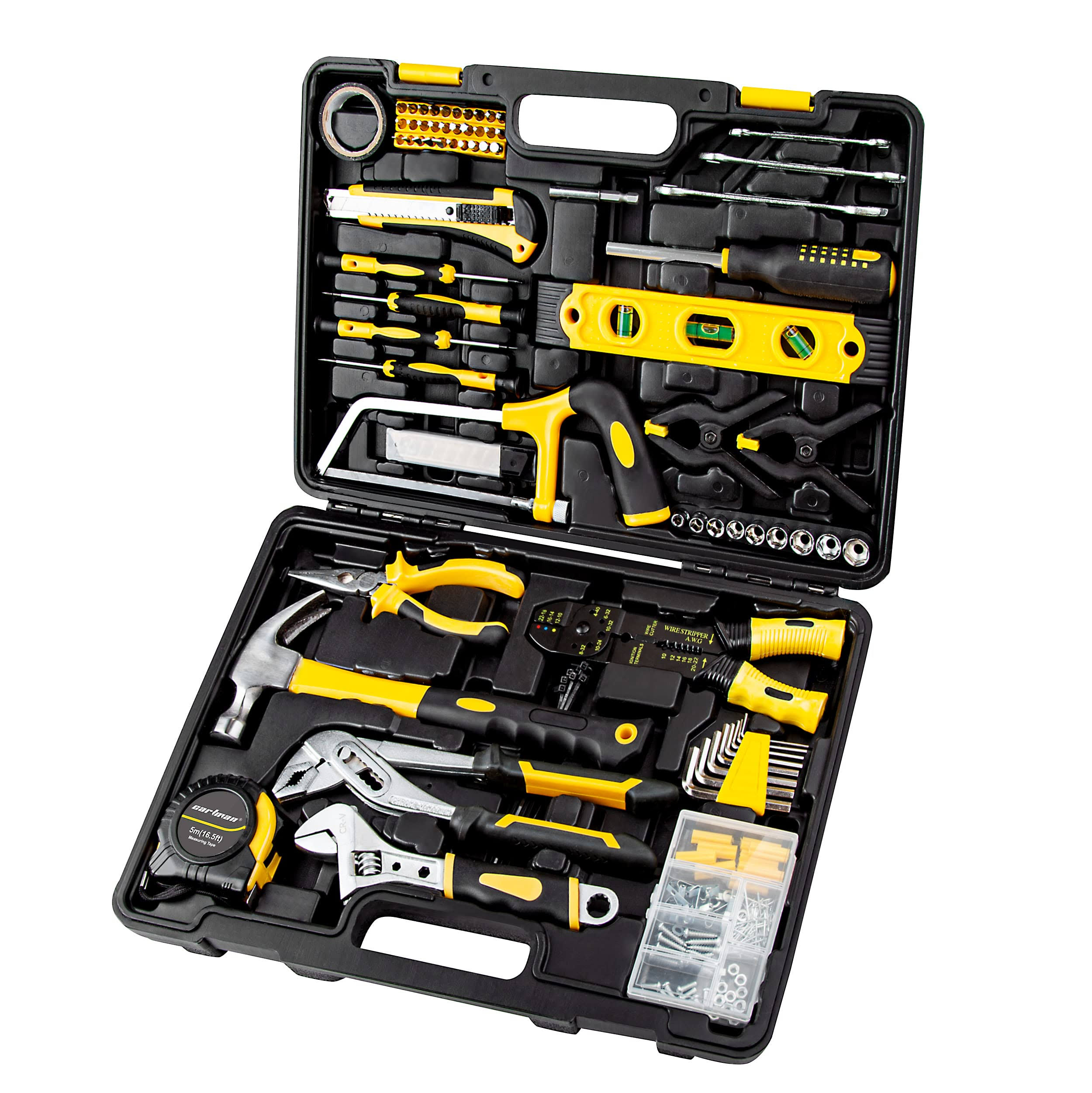 Cartman 218 Piece Tool Set General Household Hand Tool Kit with Plastic Toolbox Storage Case Yellow