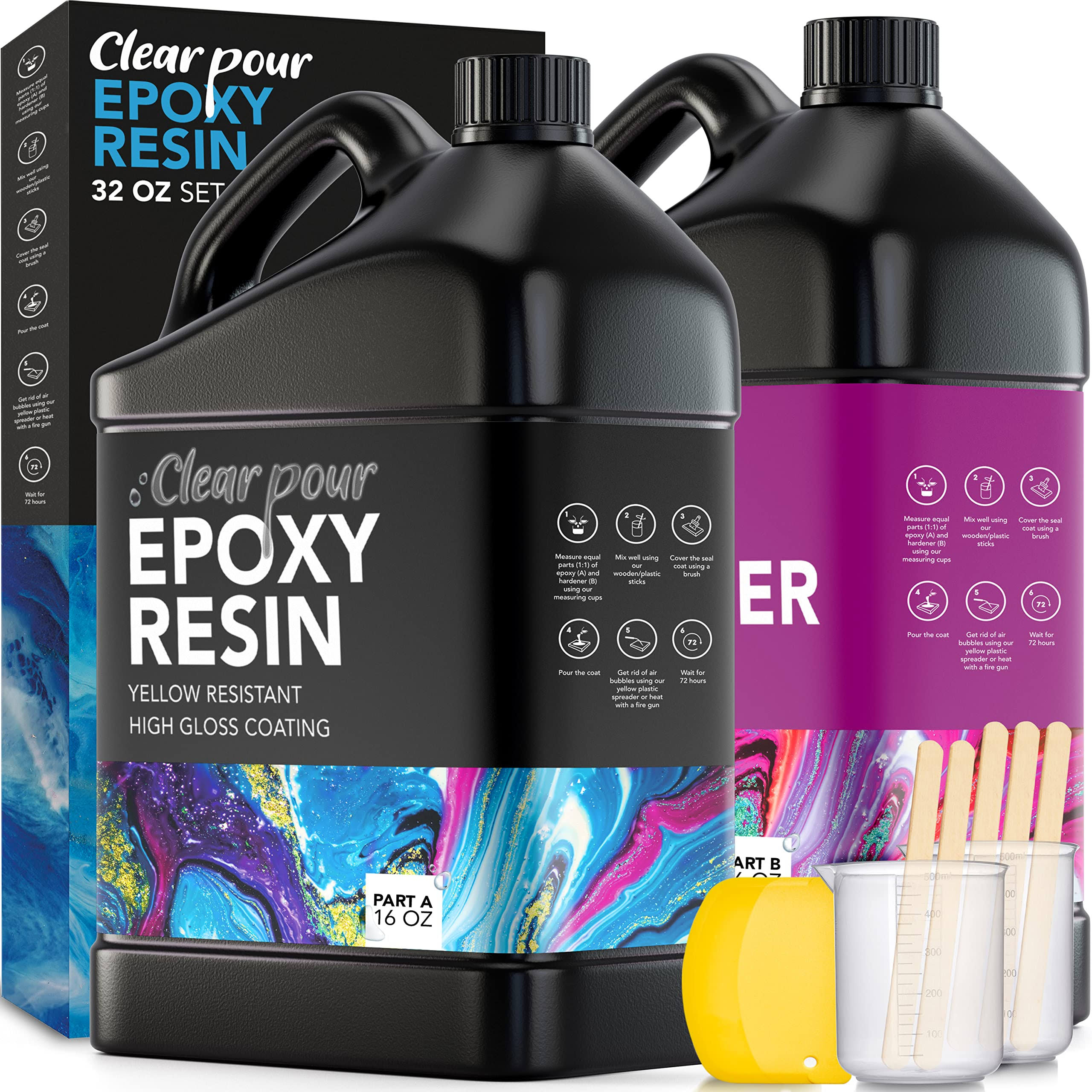 Clear Pour 32oz Epoxy Resin Kit- Crystal Clear Epoxy Resin Kit- Art Resin, Craft, Jewelry Casting, DIY, Tumblers, Wood & Resin Molds (16oz x 2),