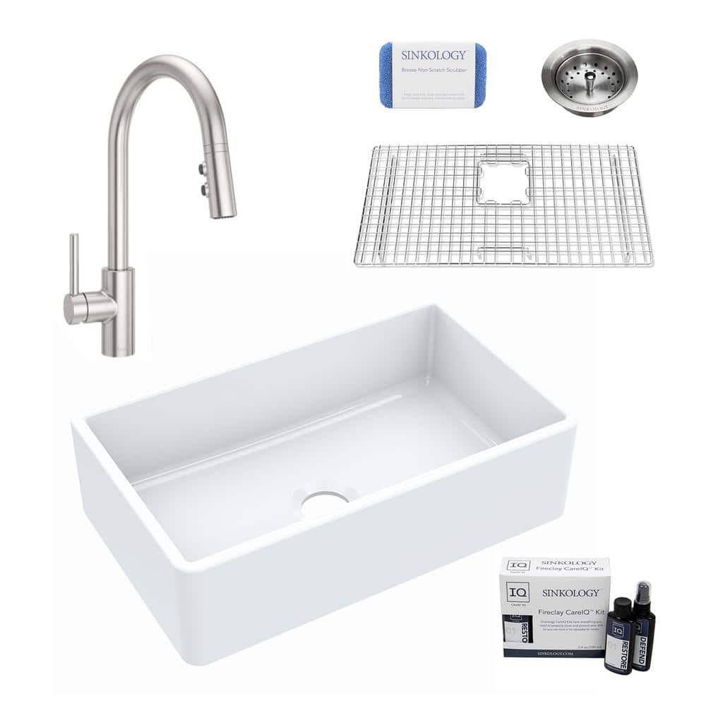 Sinkology Turner 30 in. Farmhouse Single Bowl Crisp White Fireclay Kitchen Sink with Stellen Faucet (Stainless) Kit