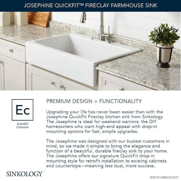 Sinkology Josephine 34 in. 4-Hole Quick-Fit Drop-In Farmhouse Single Bowl Crisp White Fireclay Kitchen Sink