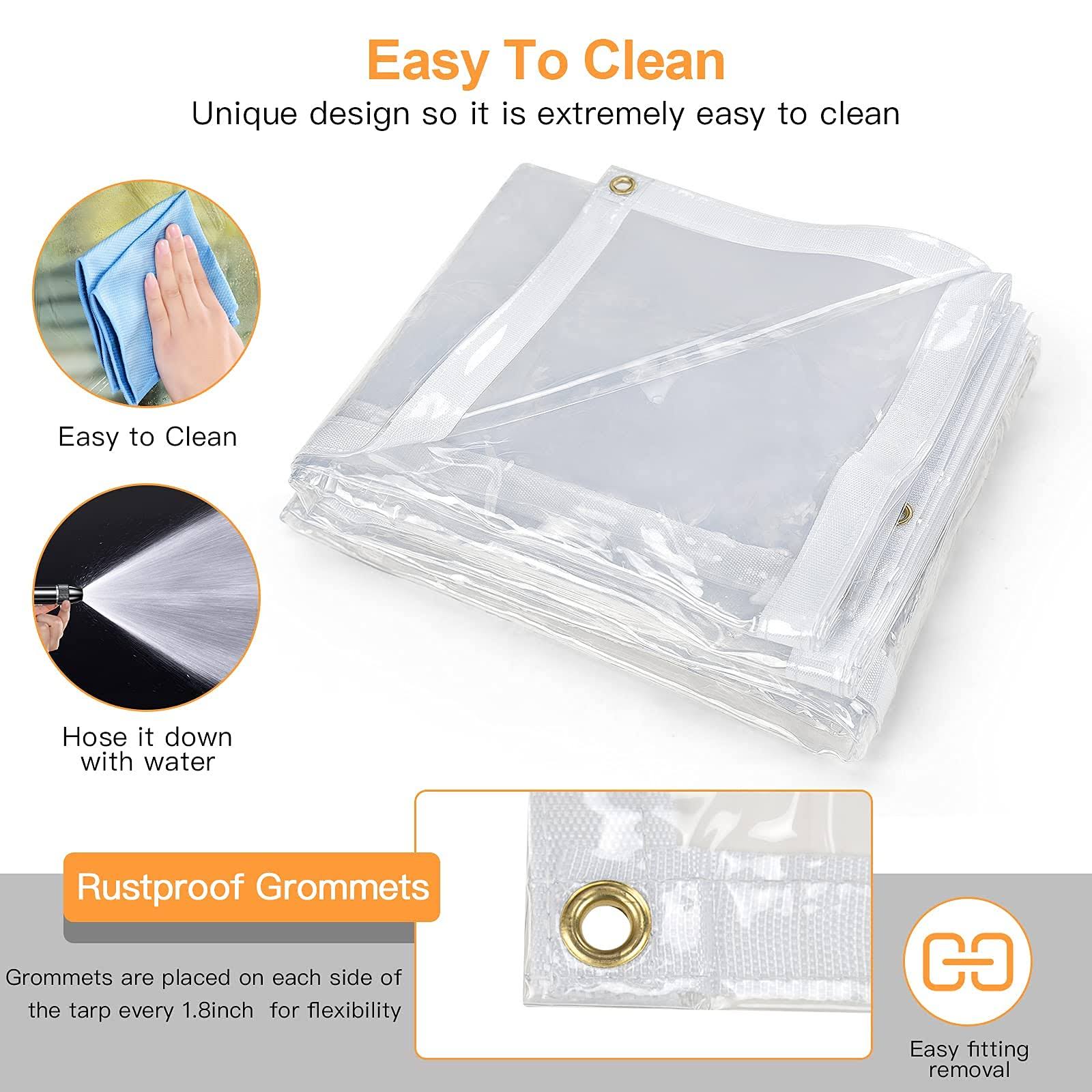 8 x 20ft Outdoor Clear Tarp Curtain Waterproof Wind-proof 24 Mil Transparent Vinyl Tarp for Patio Pergola Garden Canopy Rainproof Anti-Tear PVC