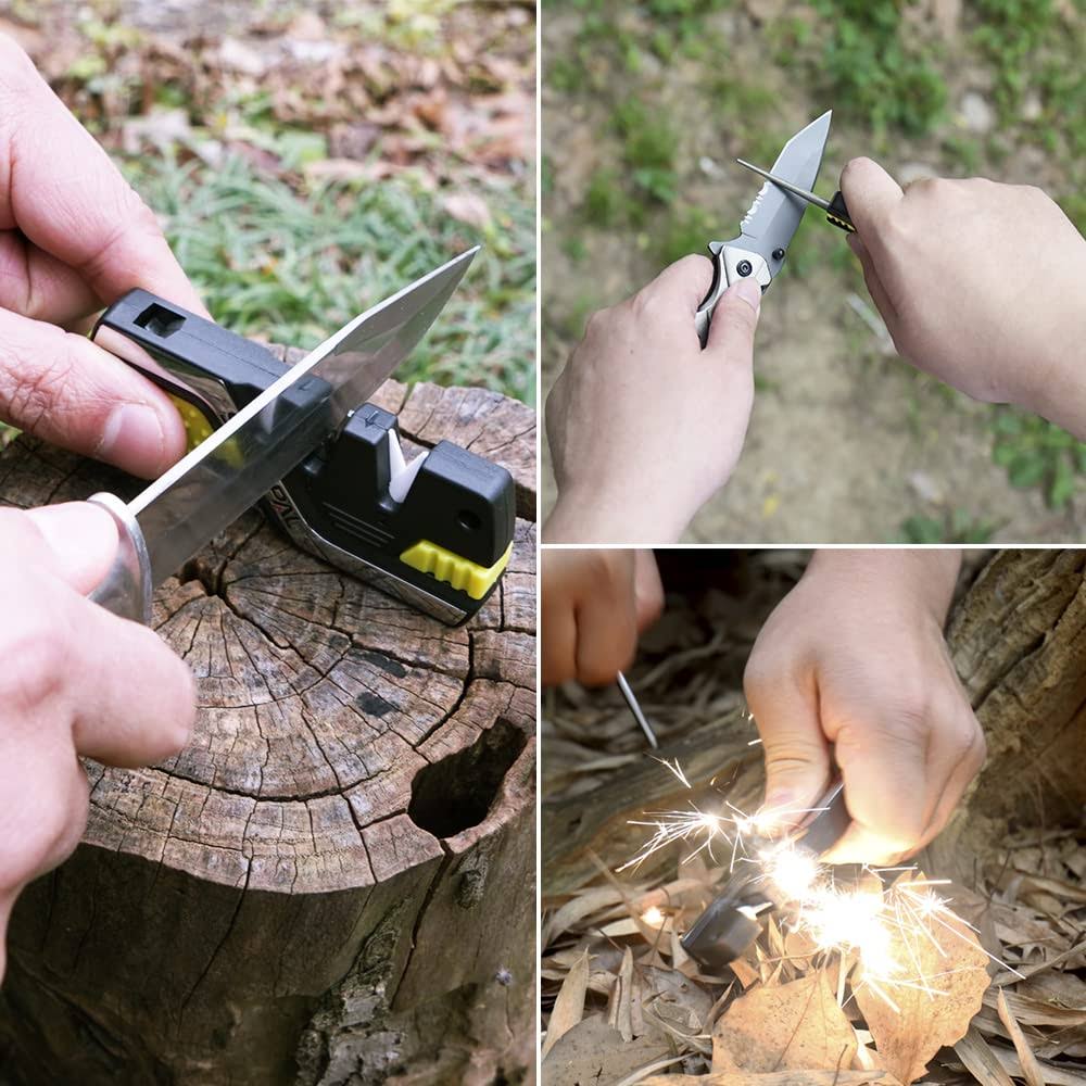 Sharpal 101n-g Kitchen Knife Sharpener Tool with 2 Fire Starter, Whistle & Diamond Sharpening Rod for Straight and Serrated Blade