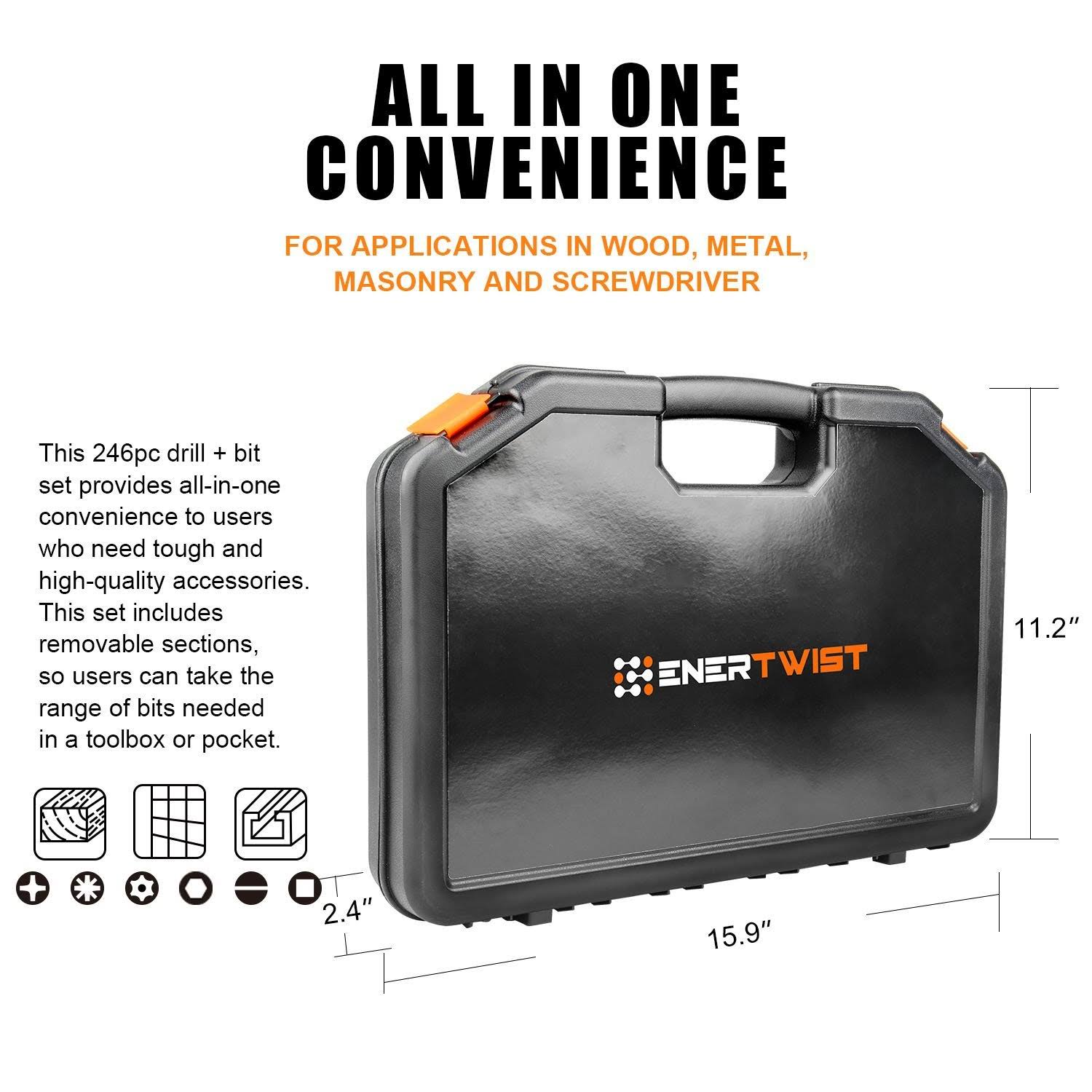 Enertwist Drill Bit Set, 246-Pieces Drill Bits and Driver Set for Wood Metal CEM