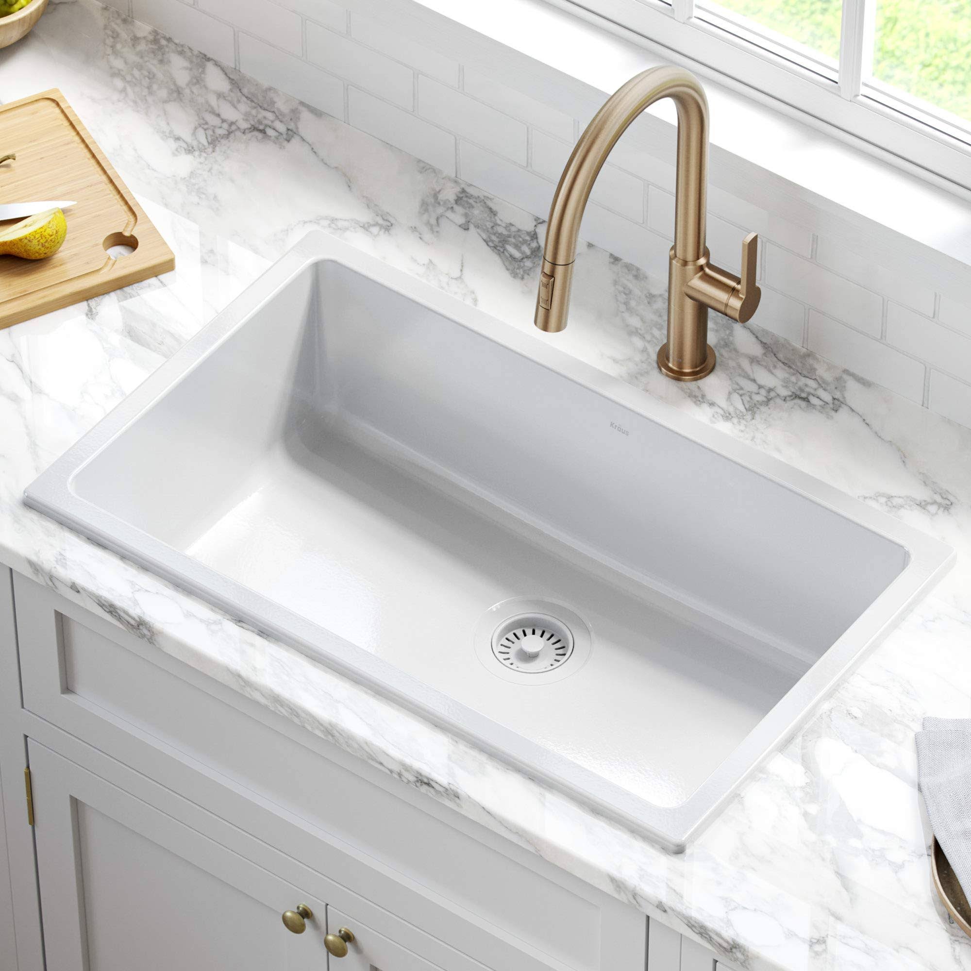 Kraus KFD1-30GWH Turino 30 inch Drop-In Undermount Fireclay Single Bowl Kitchen Sink with Thick Mounting Deck in White