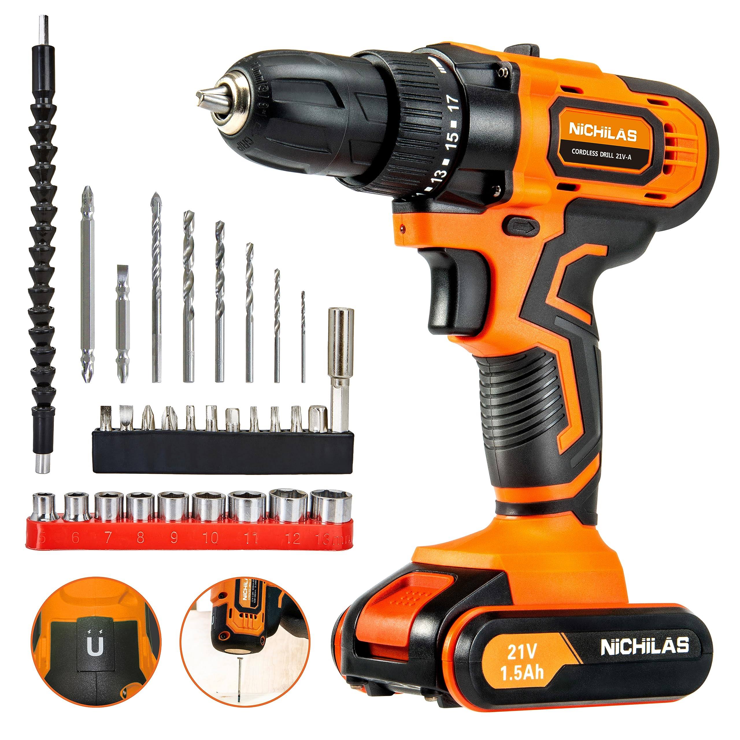 Nichilas Cordless Drill, 21V Power Screwdriver 2 Variable Speed 3/8