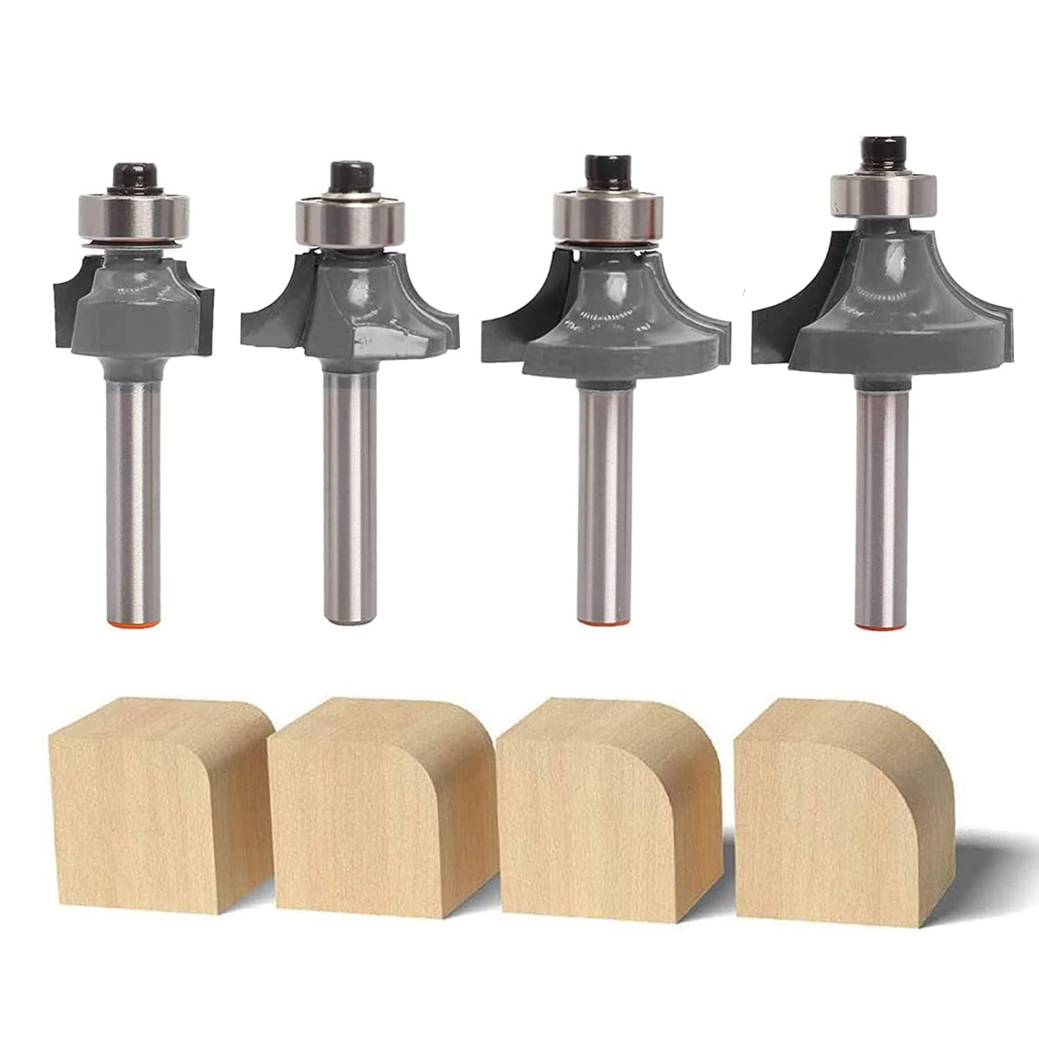 Roundover Router Bit Set 1/4 Shank by Sinoprotools 4pcs Router Roundover Bit Carbide Corner Rounding Edge-Forming for Round Edges/Cabinet Edges Radius