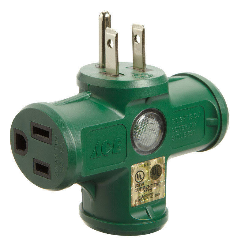 Ace Female Heavy Duty Triple Tap Outlet Adapter with LED Light, Green, 15 A, 125 V