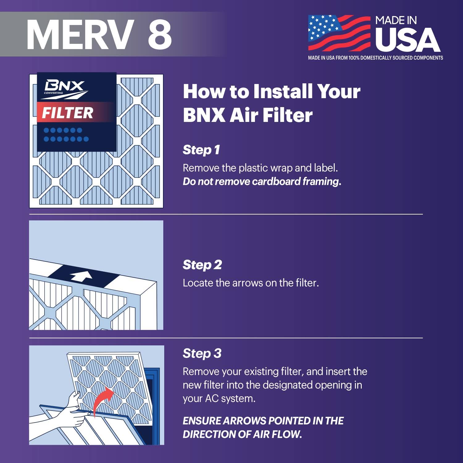 BNX TruFilter 16x20x1 Air Filter MERV 8 (6-pack)- Made in USA- Dust & Pet Defense Electrostatic Pleated Air Conditioner HVAC A