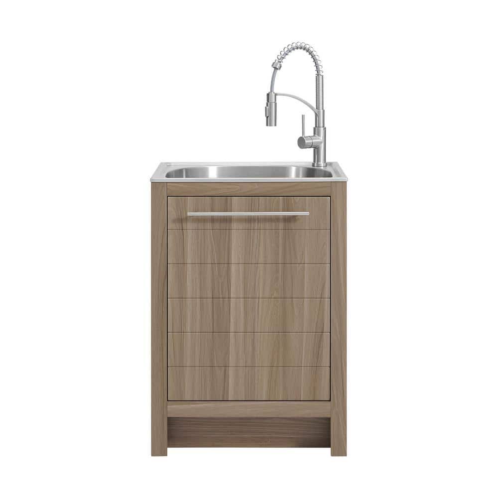 Glacier Bay All-in-One Stainless Steel 24 in Laundry Sink with Faucet and Storage Cabinet in Sandy Ash