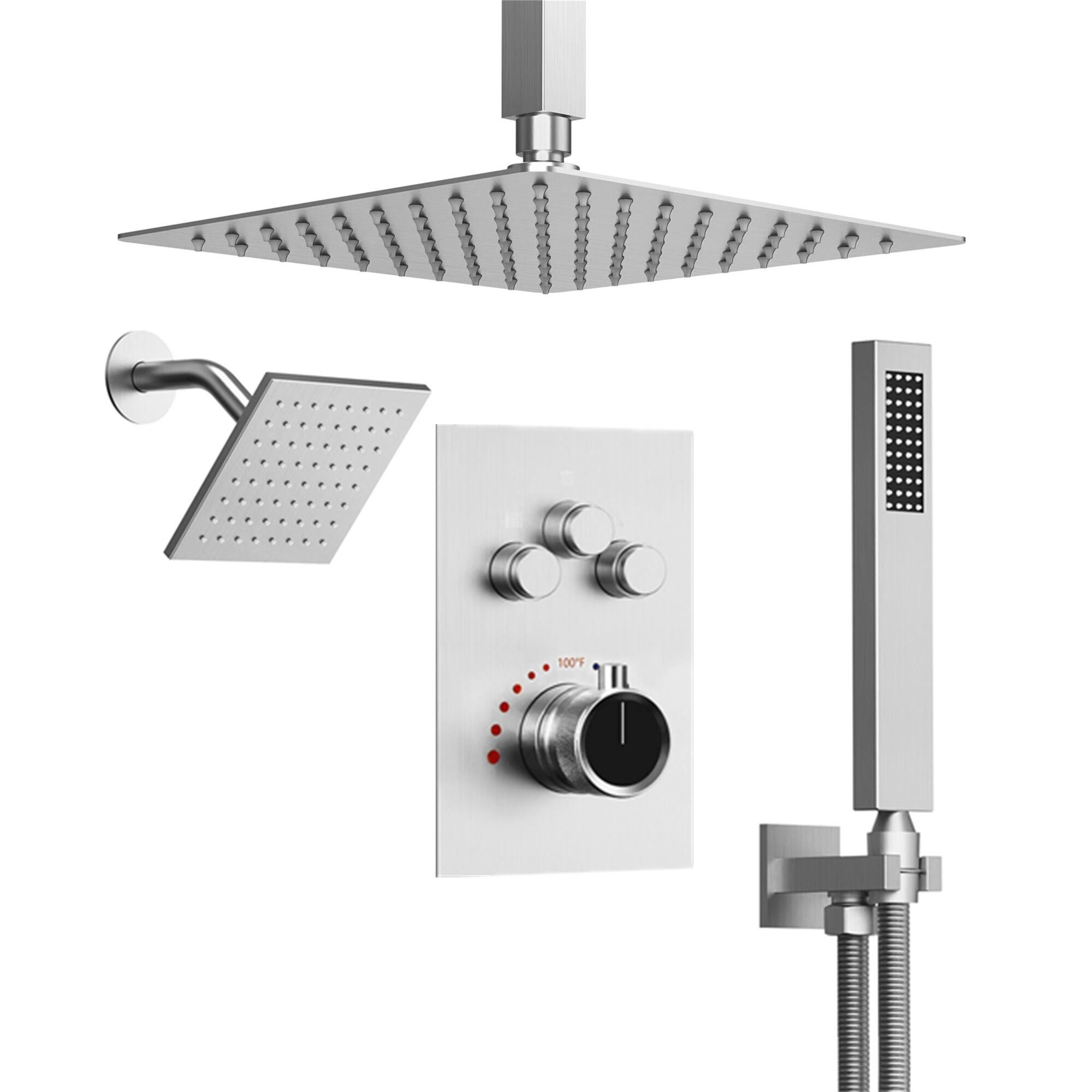 EVERSTEIN Dual Heads 12 inch Rainfall & High Pressure 6 inch Shower System w/ 3 Way Thermostatic Faucet Silver
