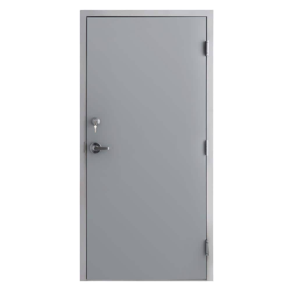 36 in. x 80 in. Gray Left-Hand Flush Steel Commercial Door with Knock