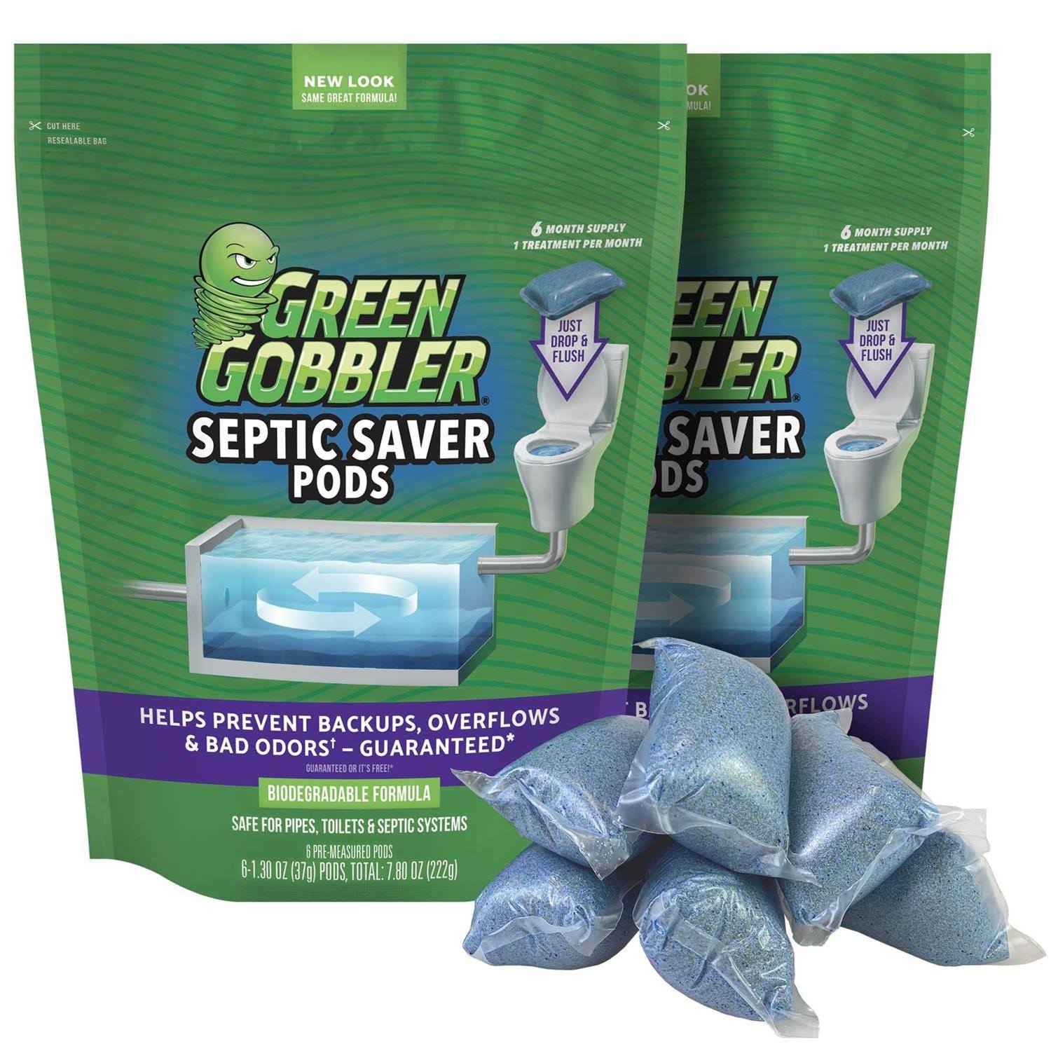 Green Gobbler Septic Tank Treatment Packets, 12 Month Supply- Natural Bacteria to Prevent Costly Septic Issues, Back-UPS, Foul