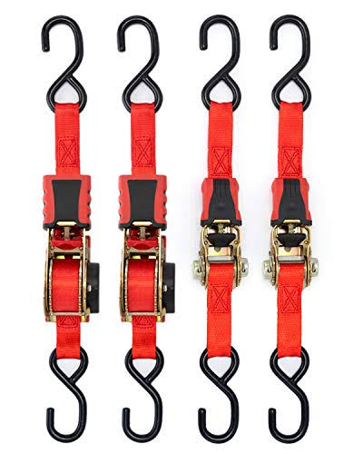Strapinno Retractable Ratchet Straps 1 in x 10 ft, Secure Tie-Downs with Rubber-Coated Handles & S-Hooks, for Moving Motorcycle, Bike, Kayak, Cargo