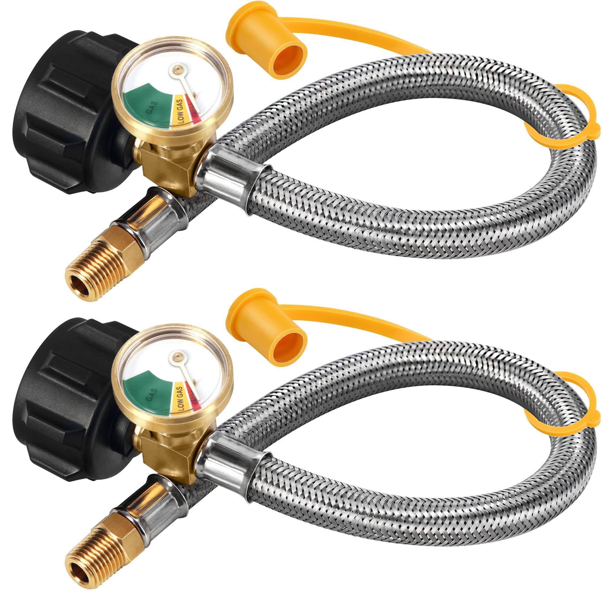 LONGADS 2 Packs 15 inch RV Propane Hoses with Gauge, Stainless Steel Braided Camper Tank Hose, LP GAS Hoses Connector for Standard Two-Stage
