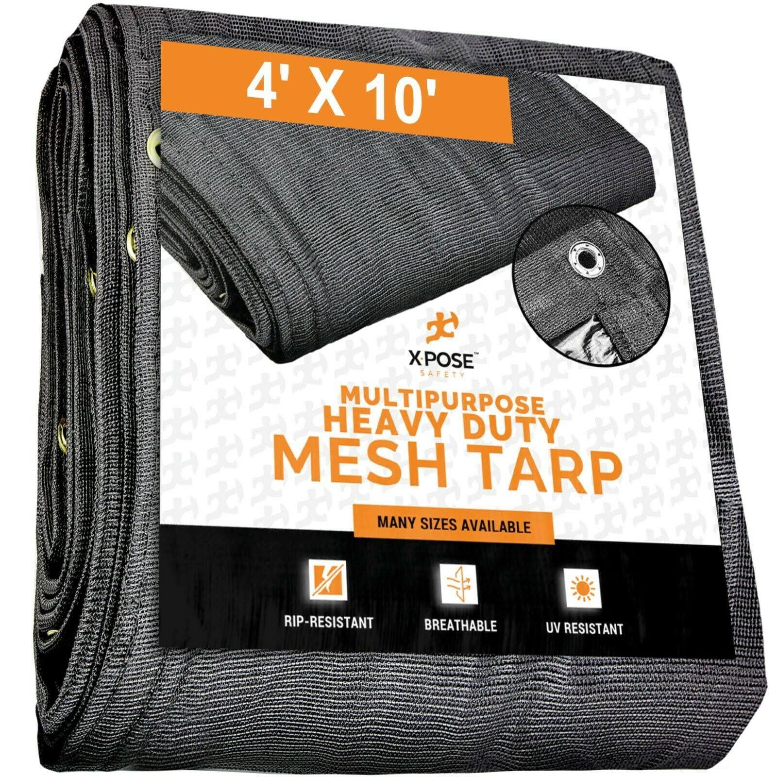 Xpose Safety Heavy Duty Mesh Tarp- 4' x 10' Multipurpose Black Protective Cover with Air Flow- Use for Tie Downs, Shade, Fences, Canopies, Dump
