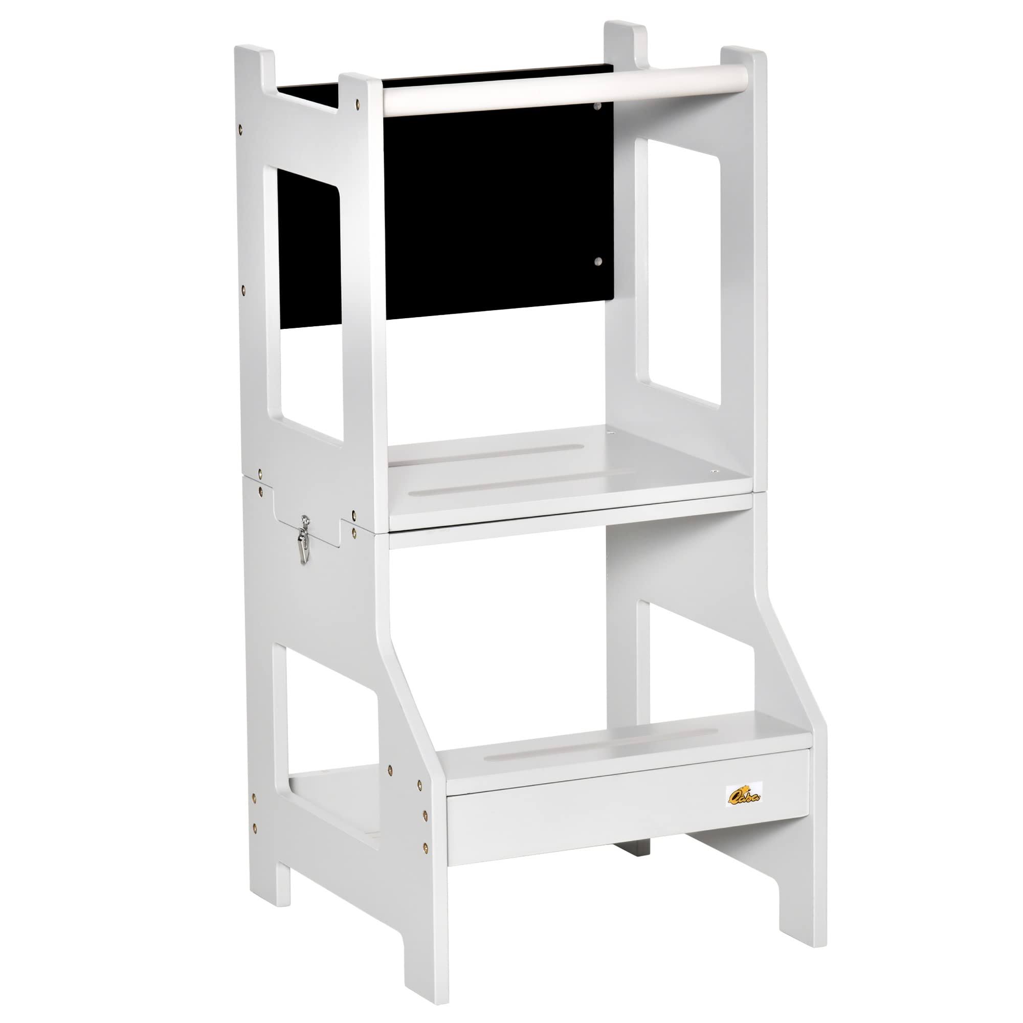 Qaba 2-in-1 Kids Kitchen Step Stool, Detachable Toddler Table and Chair Set Toddler Step Stool with Safety Rail Chalkboard for Kitchen, Bathroom, Bed