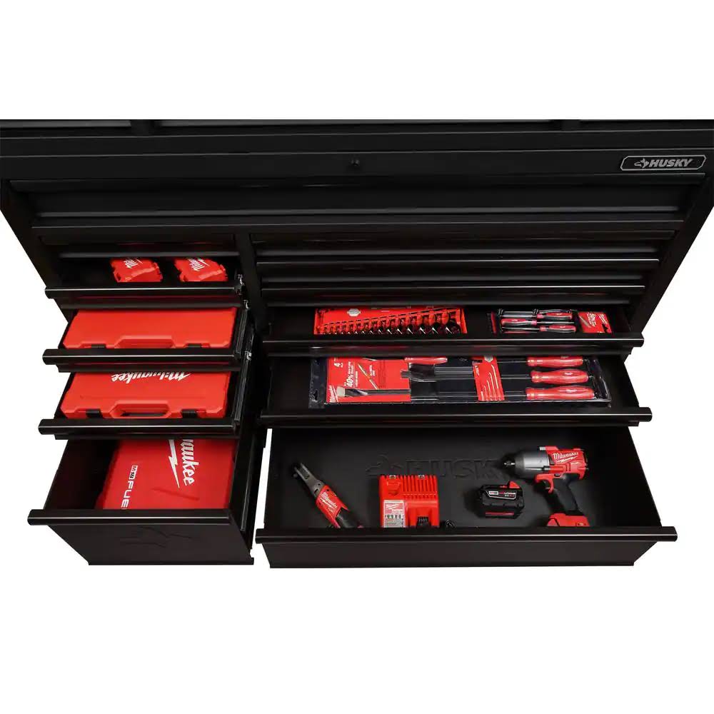 Husky 56 in. W x 22 in. D Heavy Duty 23-Drawer Combination Rolling Tool Chest and Top Tool Cabinet Set in Matte Black #HOTC5623BB2S
