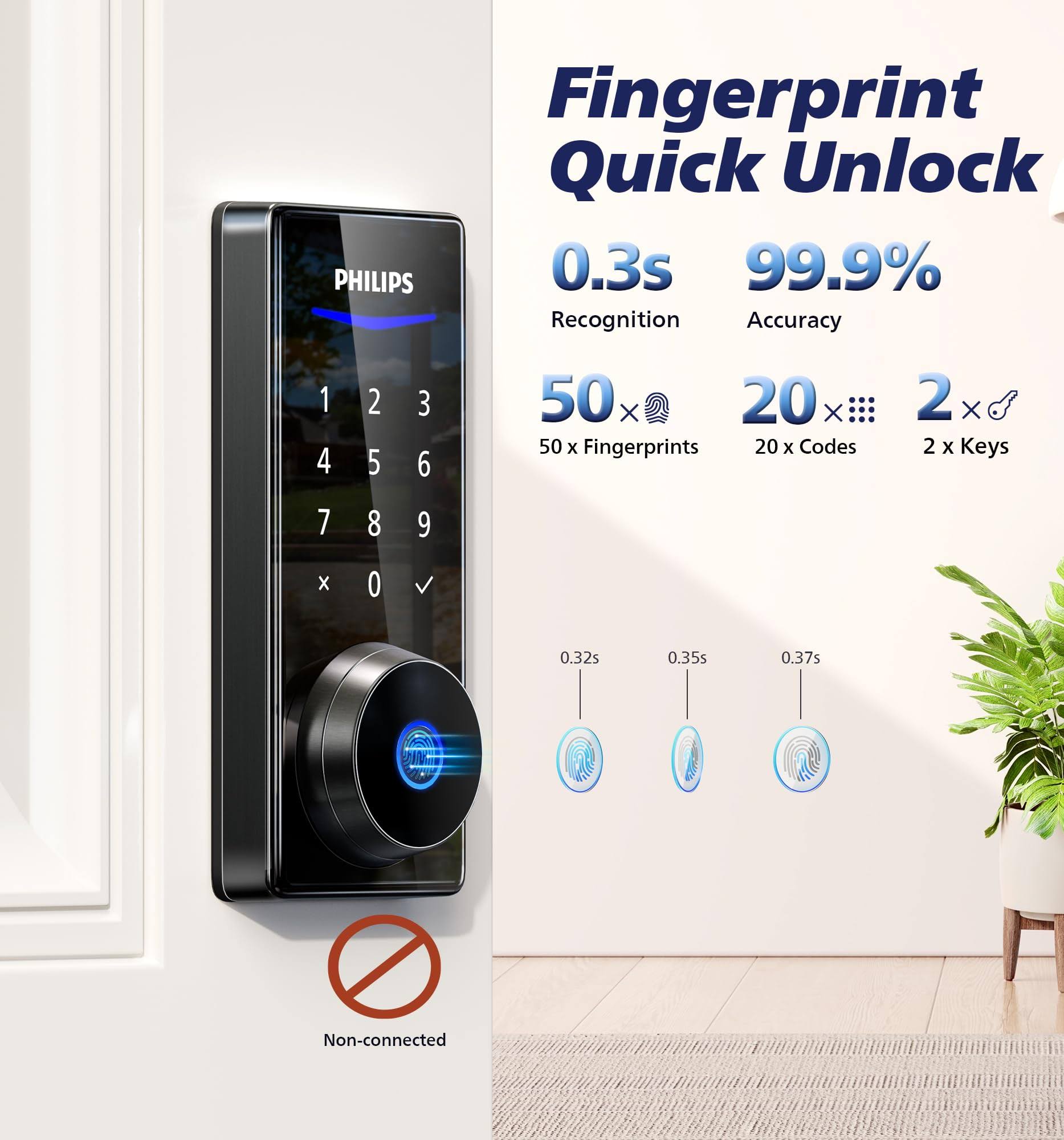 Philips Fingerprint Door Lock, Touchscreen Digital Keypad Deadbolt with Keys, Electronic Biometric Keyless Entry, Auto Locking, Easy Install, Matte