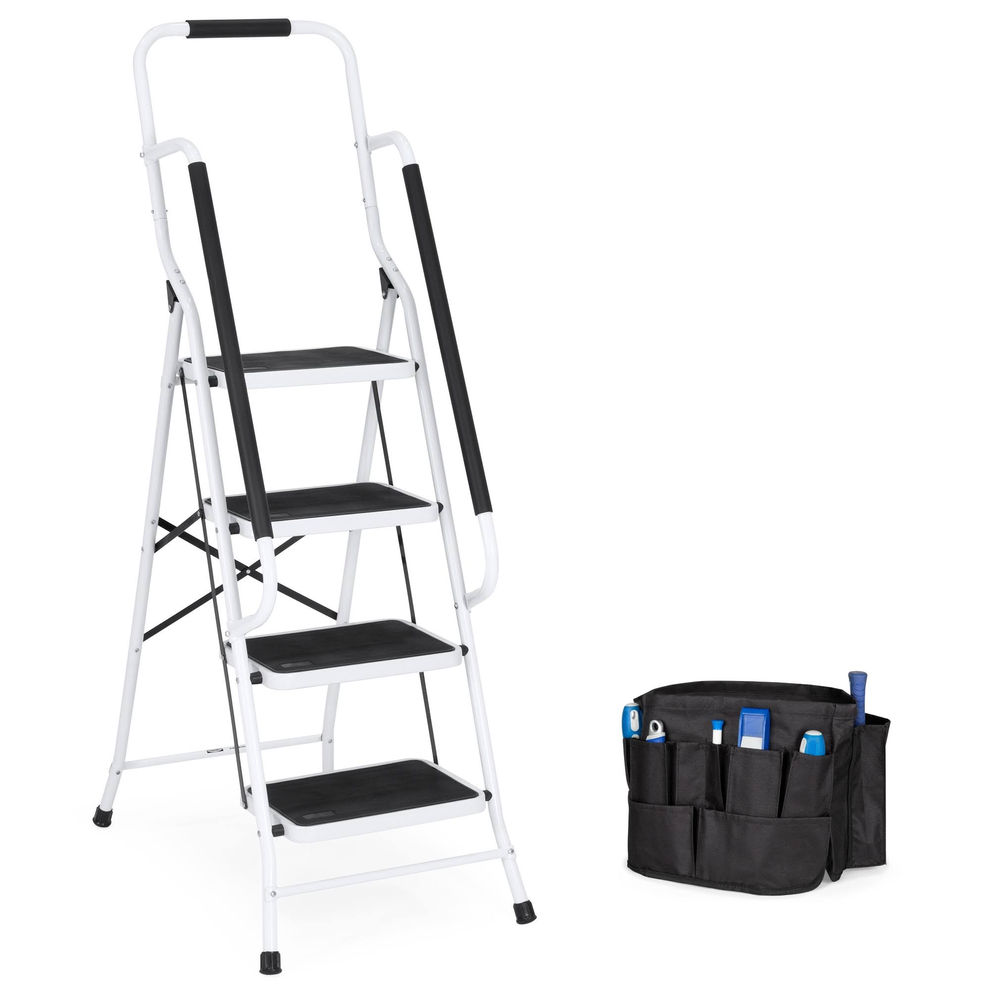 Best Choice Products 4-Step Portable Folding Anti-Slip Steel Safety Ladder with Handrails & Attachable Tool Bag, White