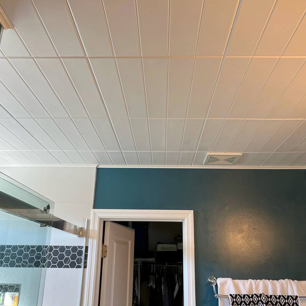 A La Maison Ceilings Bead Board 1.6 ft. x 1.6 ft. Glue Up Foam Ceiling Tile in Plain White (21.6 Sq. ft./Case)