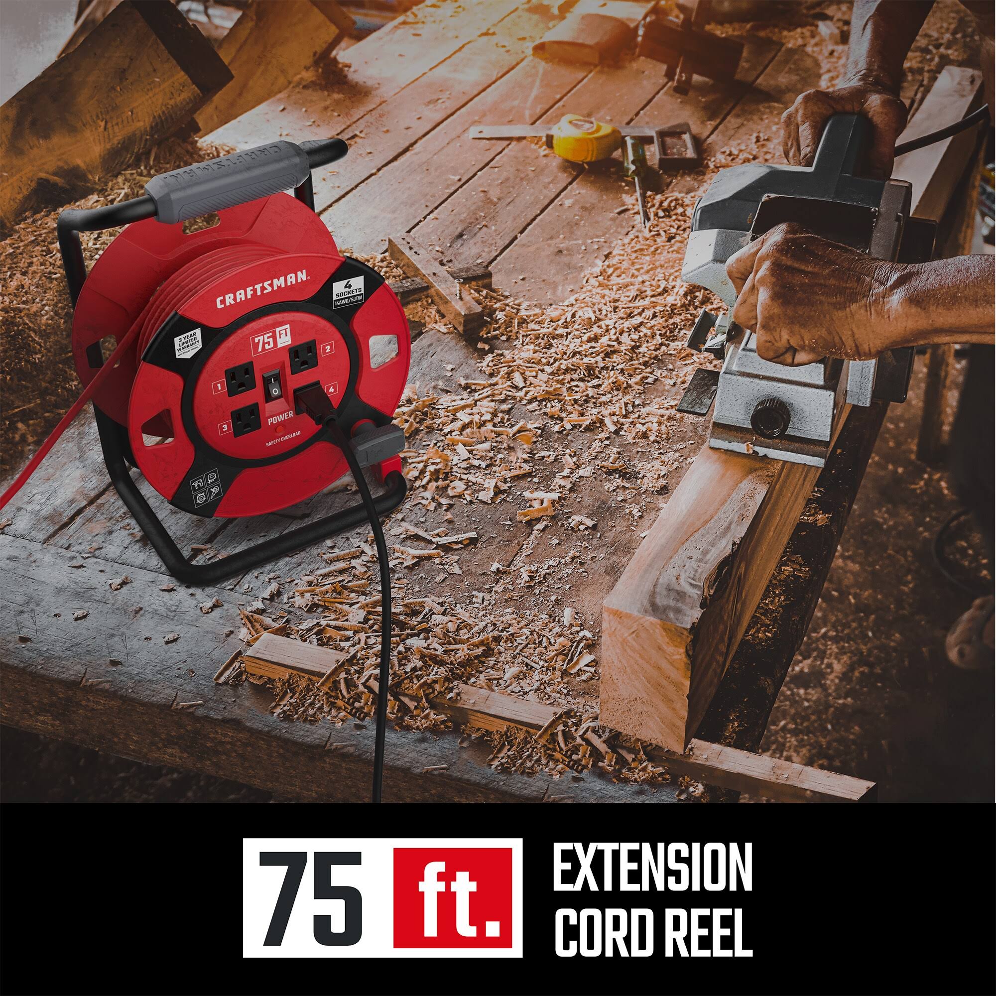 Craftsman Heavy Duty Retractable Extension Cord, 75 ft with 4 Outlets- 14AWG SJTW Cable- Outdoor Power Cord Reel