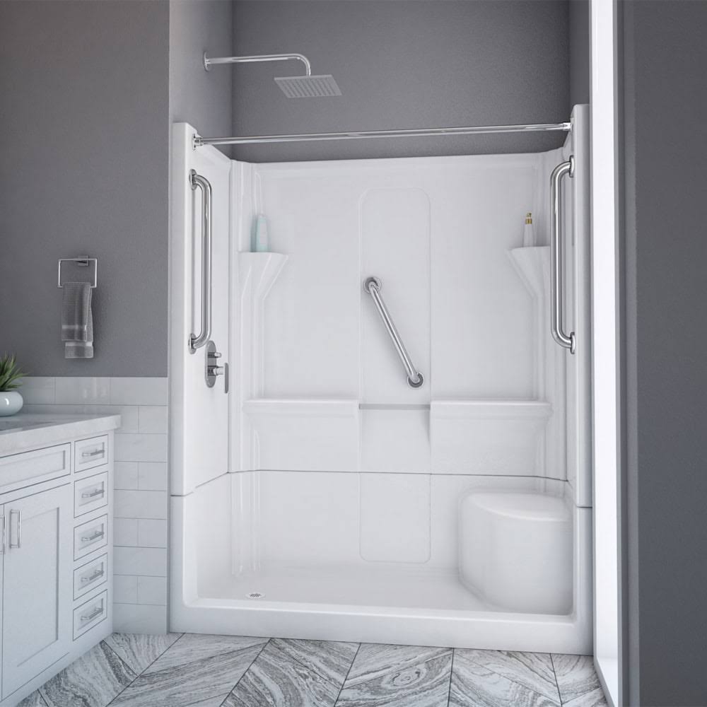 Laurel Mountain Almedia Low Threshold White 4-Piece 30-in x 60-in x 74-in Base/Wall Alcove Shower Kit with Integrated Seat (Left Drain) Drain Included