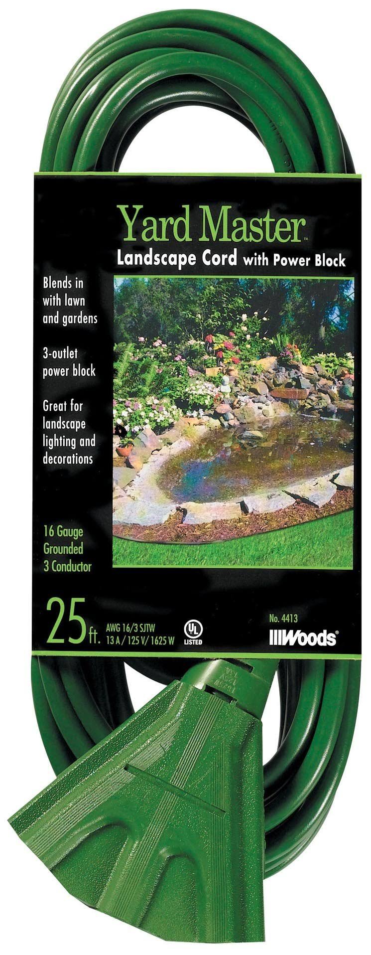 Woods 984413 25 Foot Outdoor Extension Cord with 3 Outlet Power Block Green