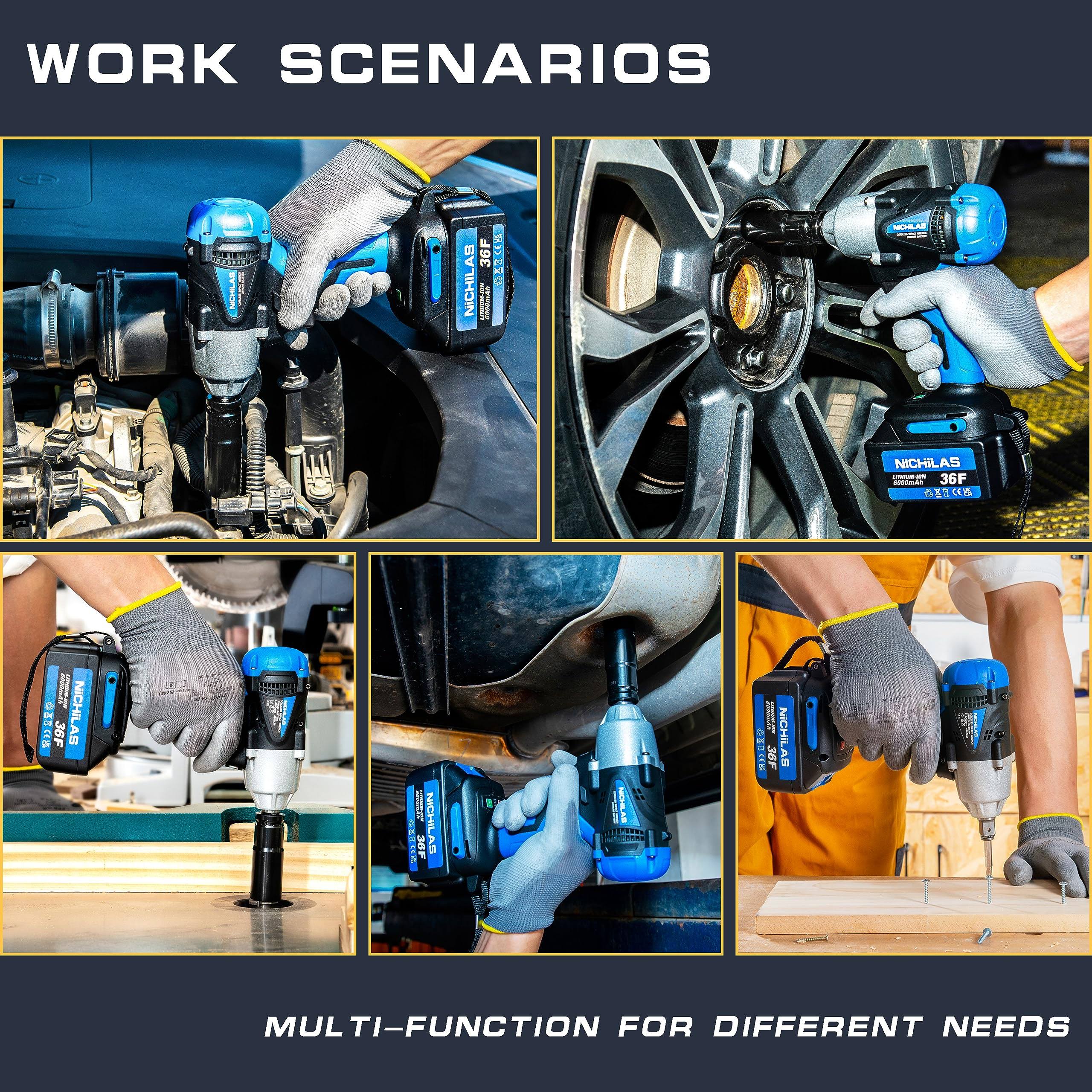 Nichilas Cordless Impact Wrench 2 in 1 Screwdriver Head 21V Electric Power Wrench 420nm High Torque 4 Pole Motor Included Battery & Charger &