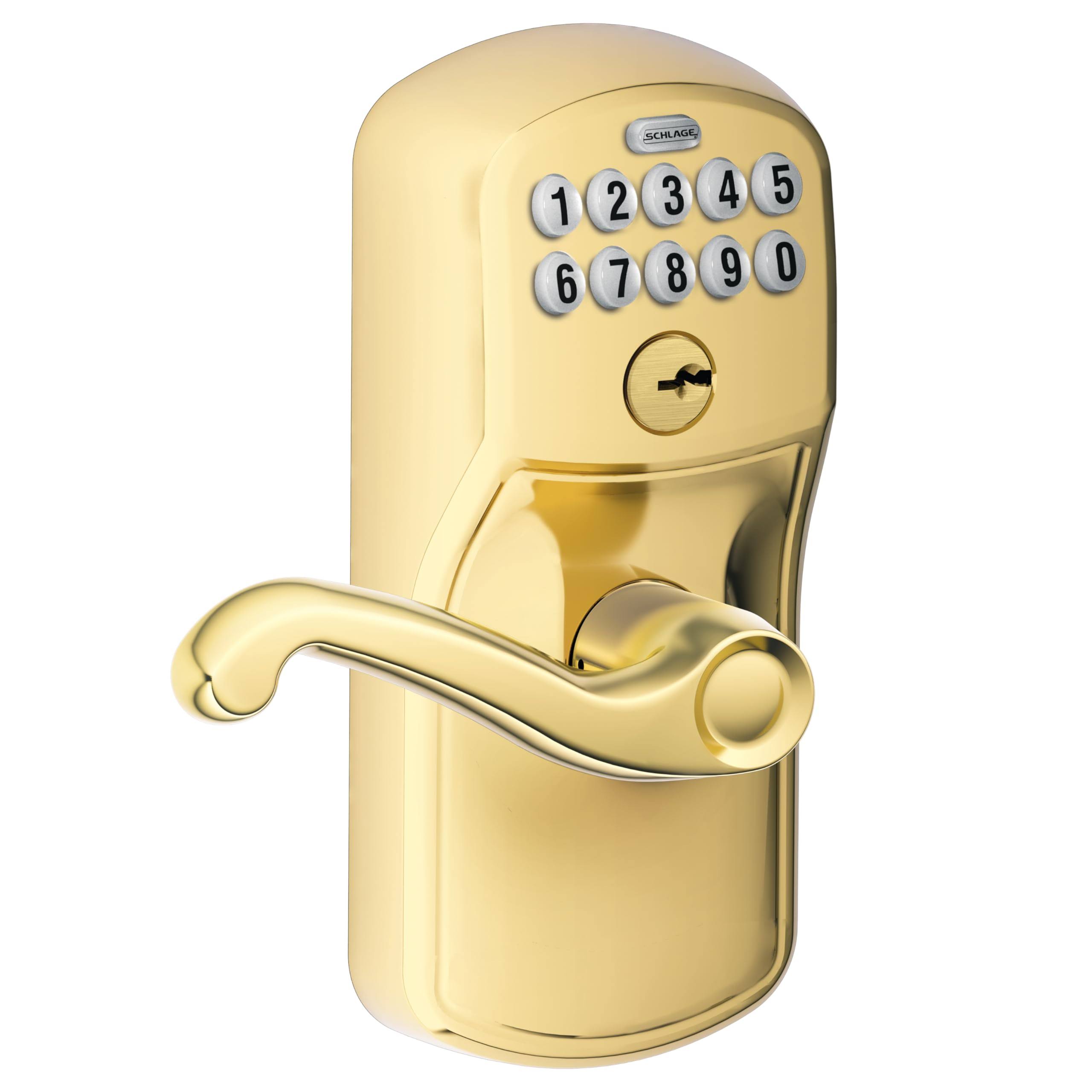 Schlage Plymouth Keypad Entry W/Flex-Lock with Flair Lever Bright Brass