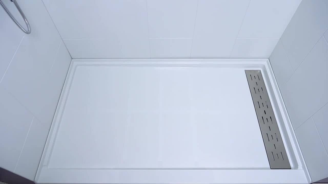 Woodbridge Krasik 60 in. L x 36 in. W Alcove Solid Surface Shower Pan Base with Right Drain in White with Chrome Cover, White with Chrome Drain Cover