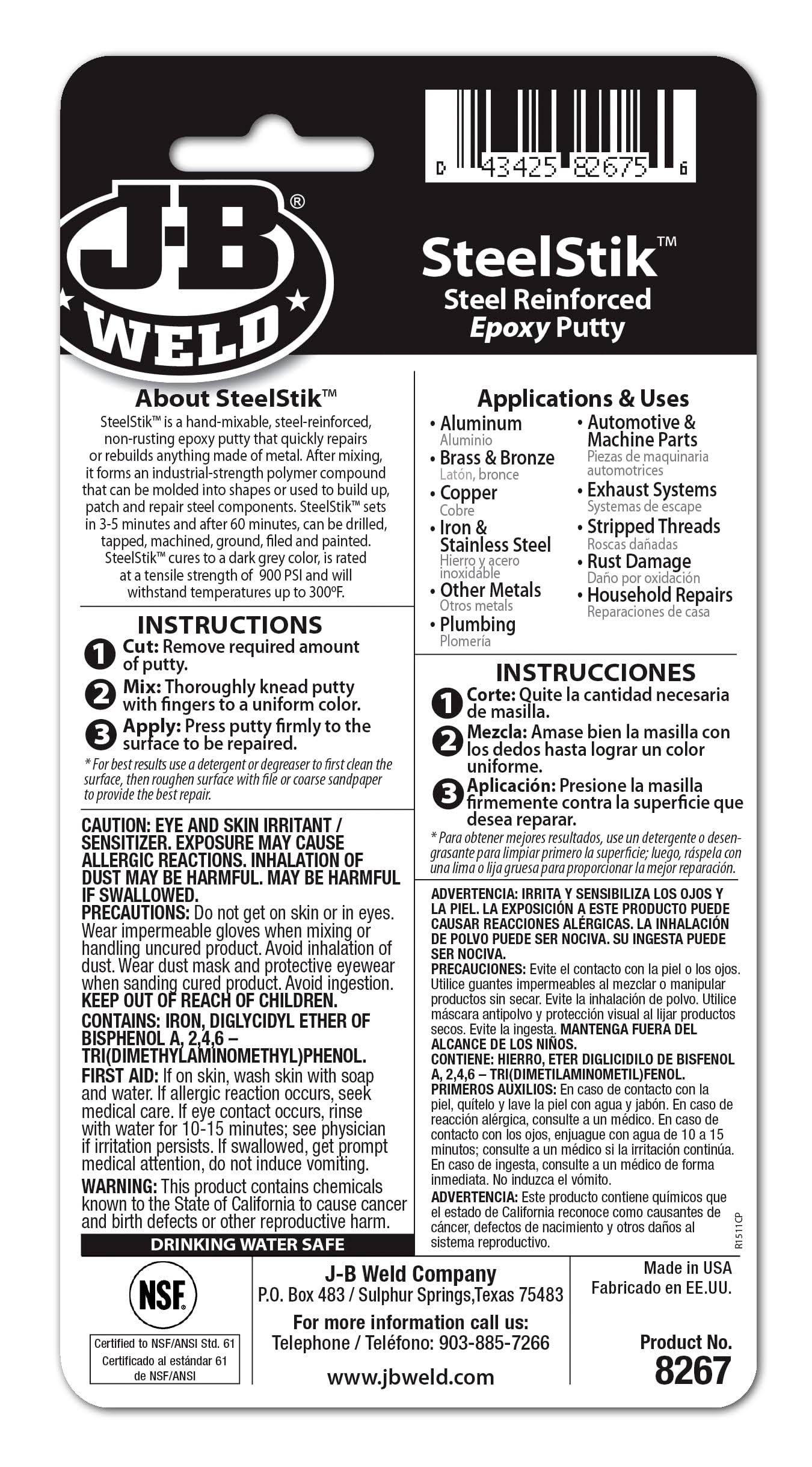 J-B Weld SteelStik Steel Reinforced Epoxy Putty Stick