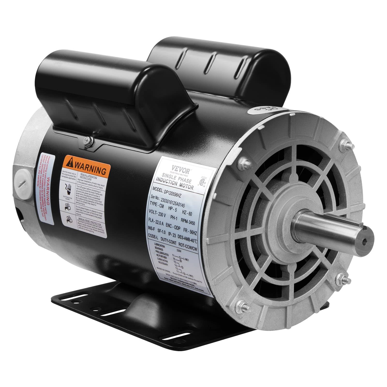 VEVOR DXKYJDJTODP5HWZ57V7 5HP Air Compressor Motor 3450 RPM Single Phase Electric Motor 7/8 in. Keyed Shaft 230V Fla 22A 56 Frame CW/CCW Rotation