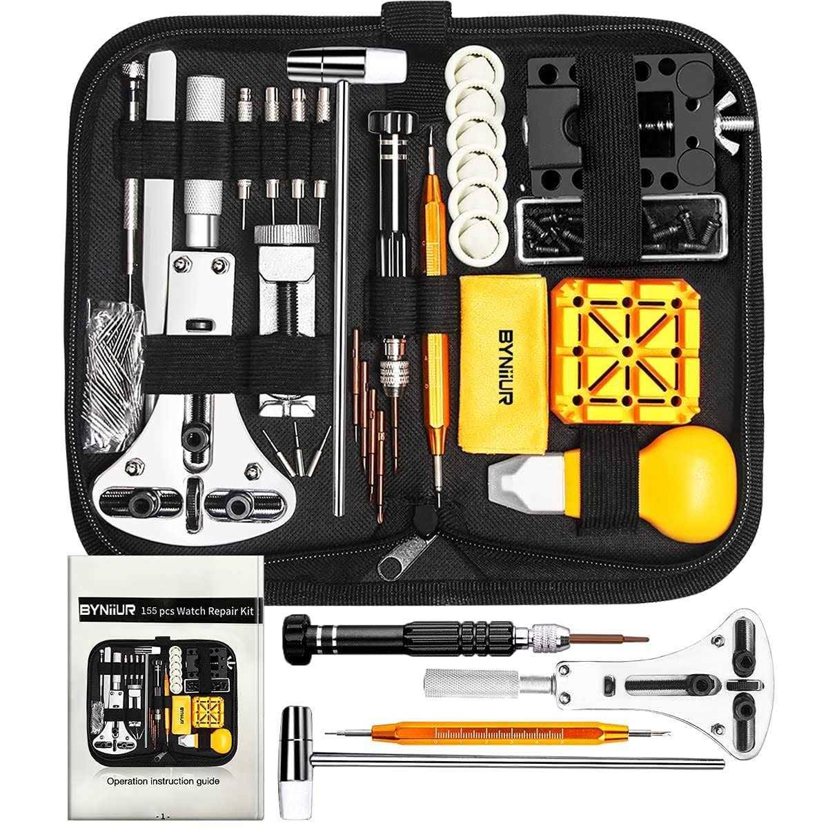 BYNIIUR Watch Repair Kit, Watch Case Opener Spring Bar Tools, Watch Battery Replacement Tool Kit, Watch Band Link Pin Tool Set with Carrying Case