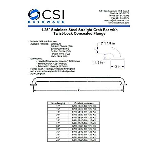CSI Bathware BAR-SB36-TW-125-MB Straight Grab Bar, 36 inch, Matte Black