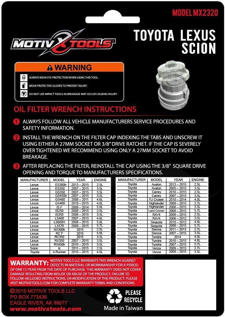 Motivx Tools Toyota & Lexus Oil Filter Wrench for 2.5L to 5.7L Engines- Perfect