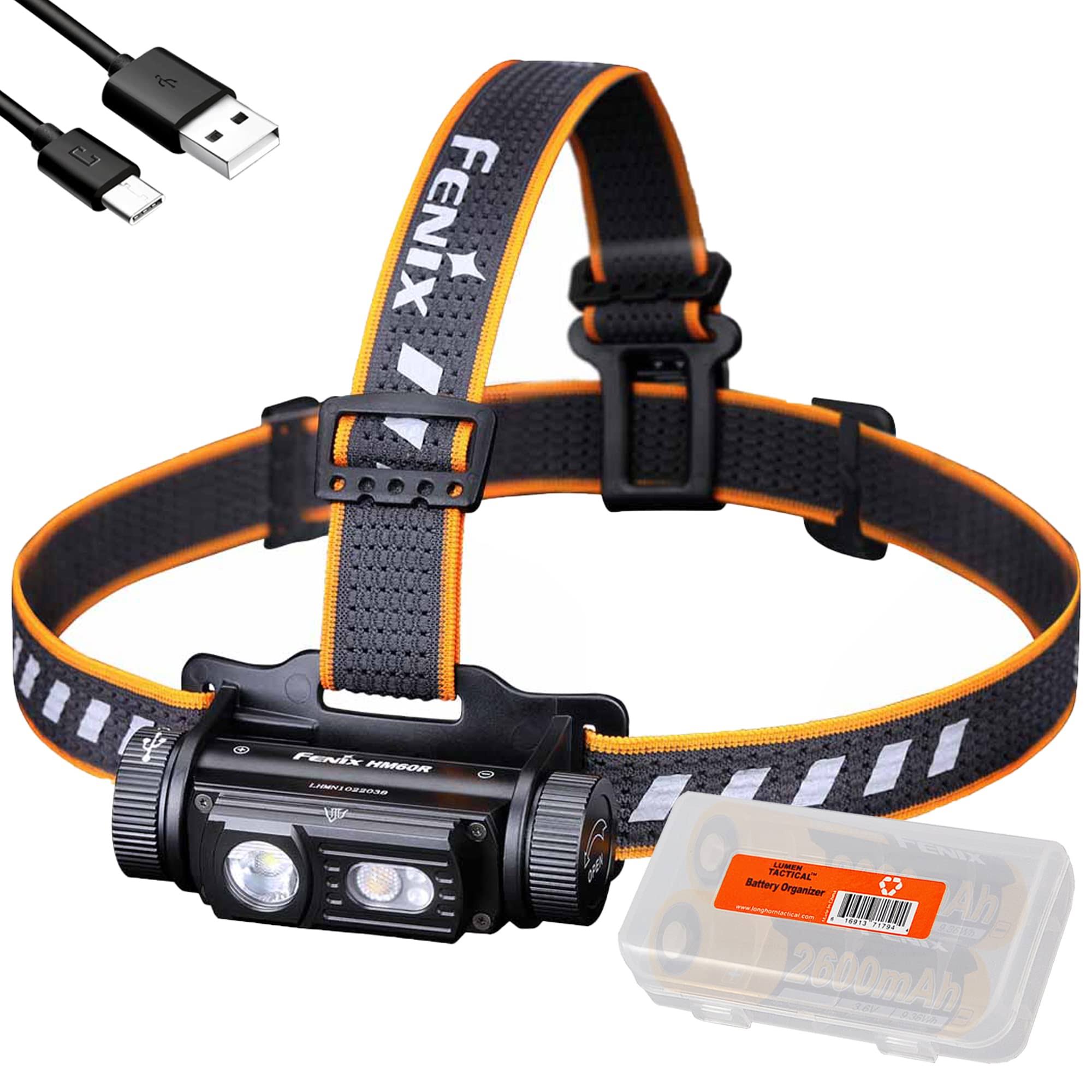 Fenix Dual Battery Bundle HM60R HEADLAMP, 1200 Lumen Rechargeable Headlamp with Two ARB-L18 and LumenTac Organizer