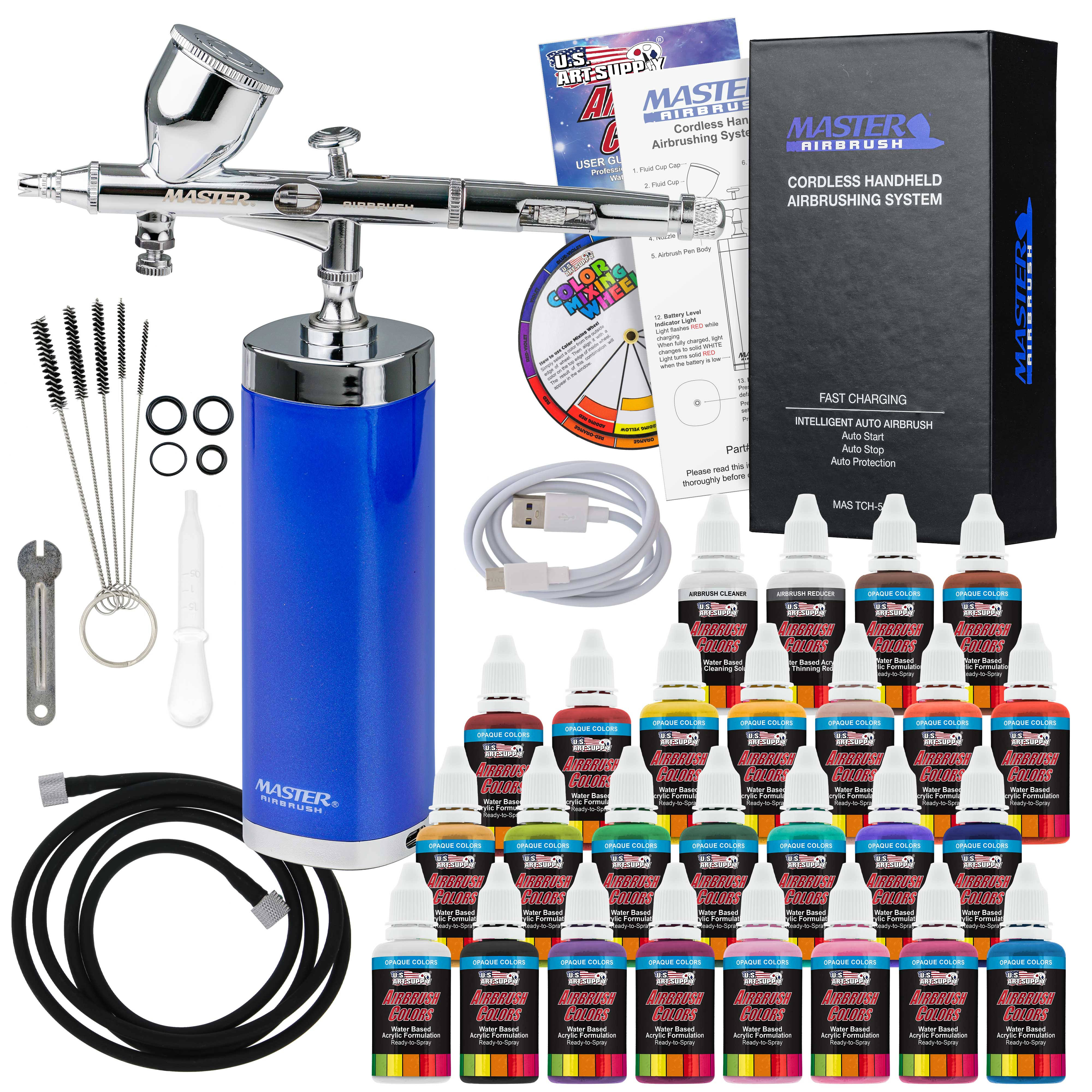 Master Airbrush Powerful Cordless Handheld Acrylic Paint Airbrushing System with 24 Opaque Paint Colors, Reducer & Cleaner Kit- 20 to 36 psi,