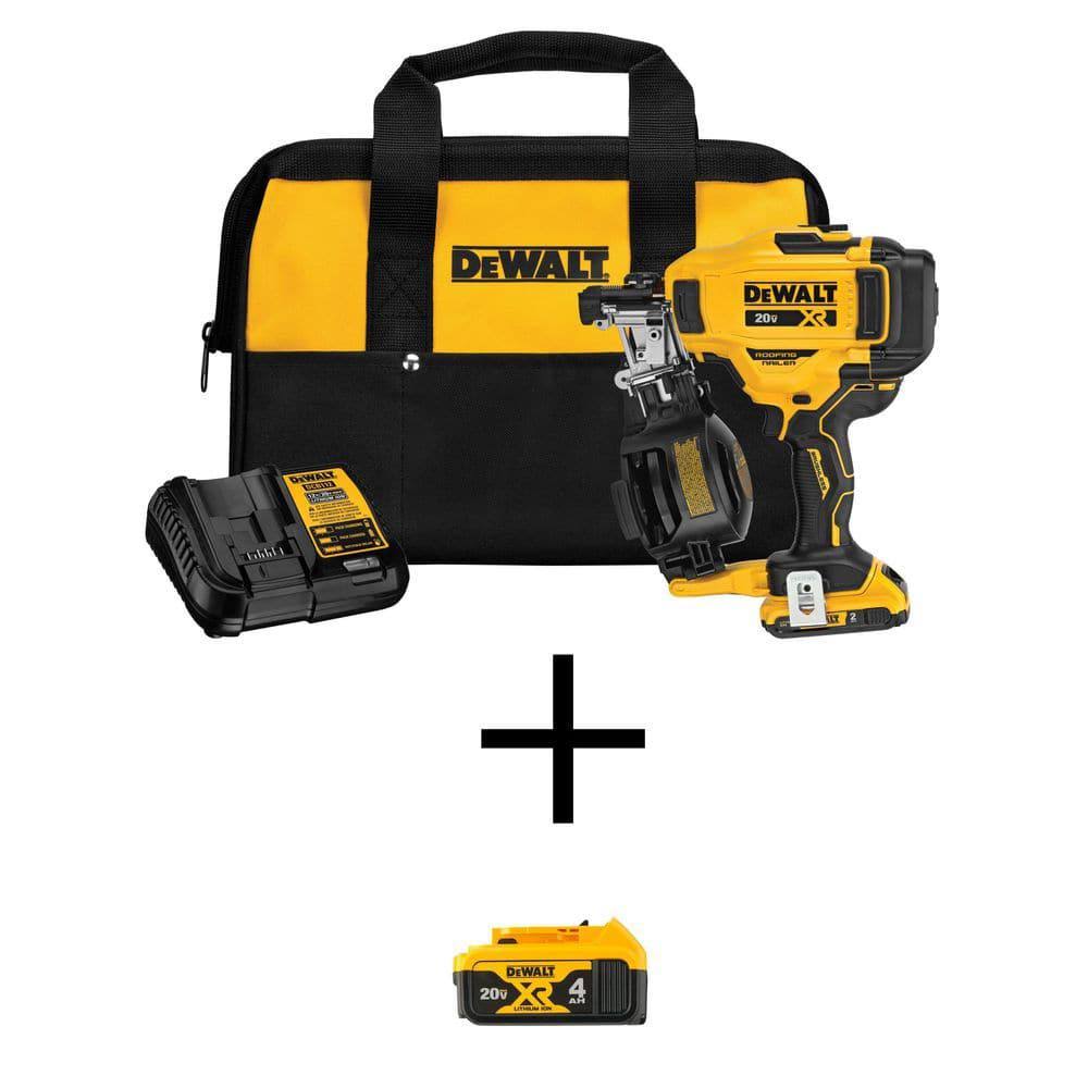 DeWalt 20V Max Lithium-Ion 15-Degree Cordless Roofing Nailer Kit with 4.0Ah Battery Pack, 2.0Ah Battery Pack, Charger and Bag